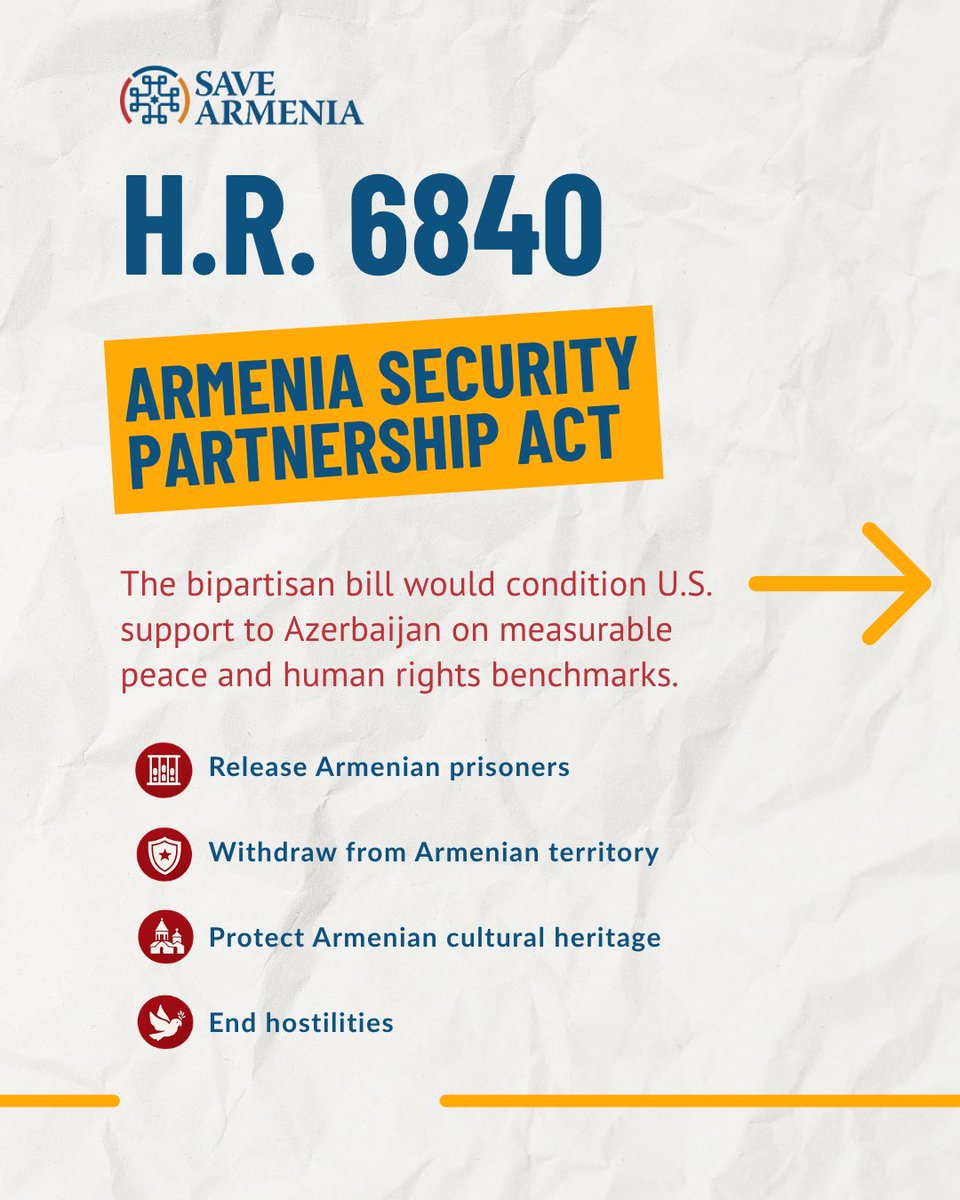 SaveArmeniaUS's tweet photo. Congress is considering 2 bills that could impact Armenian security, human rights, and regional stability:

🇦🇲 H.R. 6840 - Armenia Security Partnership Act
🇦🇿 H.R. 5369 - Azerbaijan Sanctions Review Act

These bills address POWs, illegal detentions, accountability, cultural protection, and peace benchmarks.

Policy decisions have human consequences. Contact Congress and speak up.

#Armenia #HumanRights #SaveArmenia #Congress