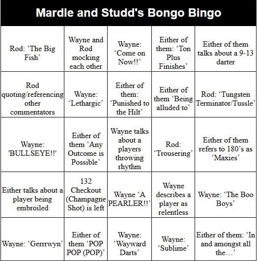 PDCFanatic180's tweet photo. Best of luck to all 4 players!! Here is tonight’s @Wayne501Mardle &amp; @Rod_Studd Bongo Bingo Card 🎯🎯🎯 @claredaz99 @TheHenryCheal https://t.co/D5JLsOT1ZG