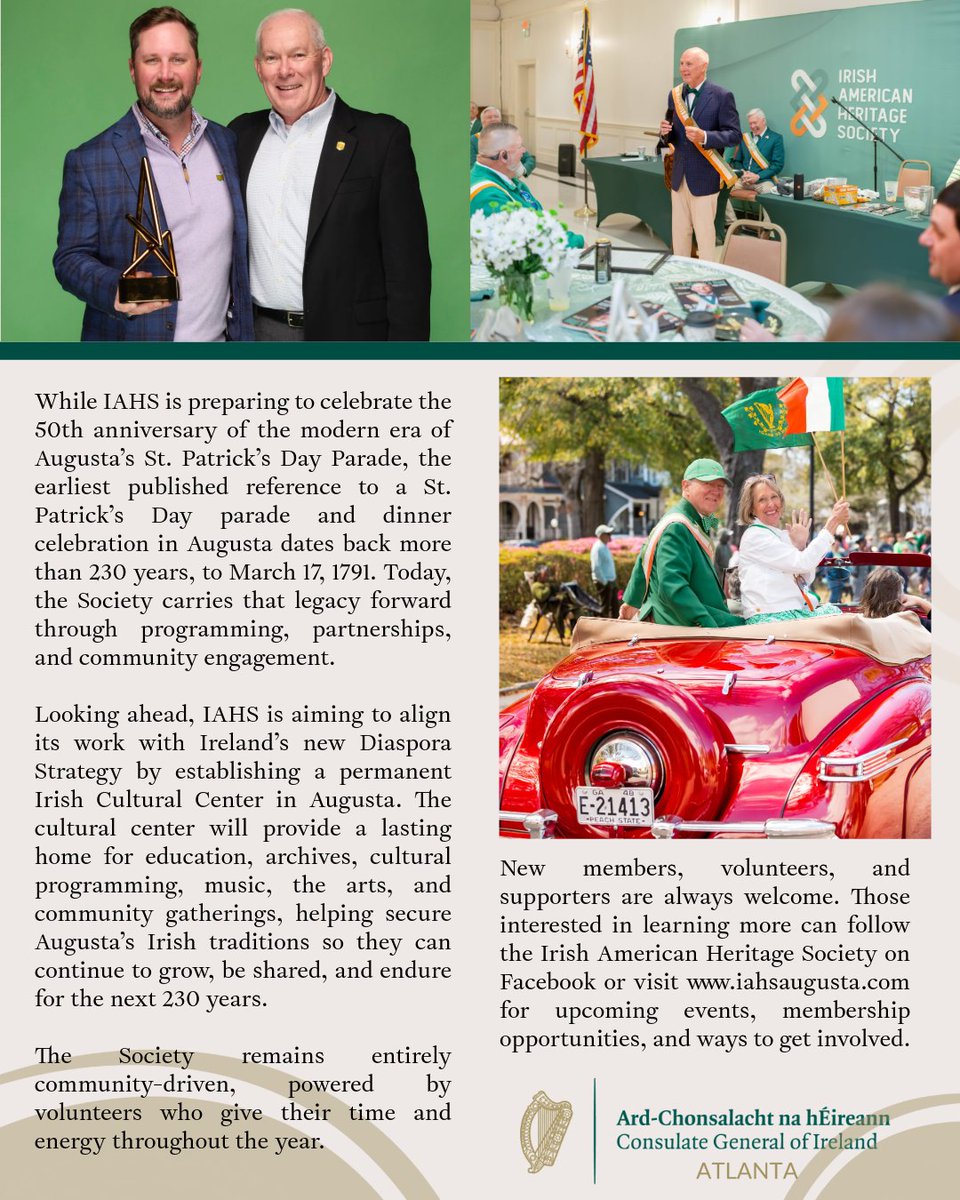 IrelandAtlanta's tweet photo. As part of our monthly series highlighting Irish organizations &amp; individuals making an impact across our region, we’re delighted to feature @IAHSAugusta. We caught up with Sean Mooney to hear about the Society’s work preserving &amp; promoting Irish heritage in Augusta 🇮🇪 https://t.co/SvsAH9RHkH