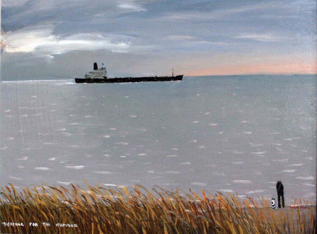 PennineThe's tweet photo. Although an unusual Peter Brook subject, ‘Heading for the Humber’ has many of the hallmarks often associated with his Pennine winter landscapes, the painting dominated by an expanse of sea and sky, empty save for a single ship and overwhelming the tiny figures of Peter and Shep. https://t.co/QHVnIiSa61