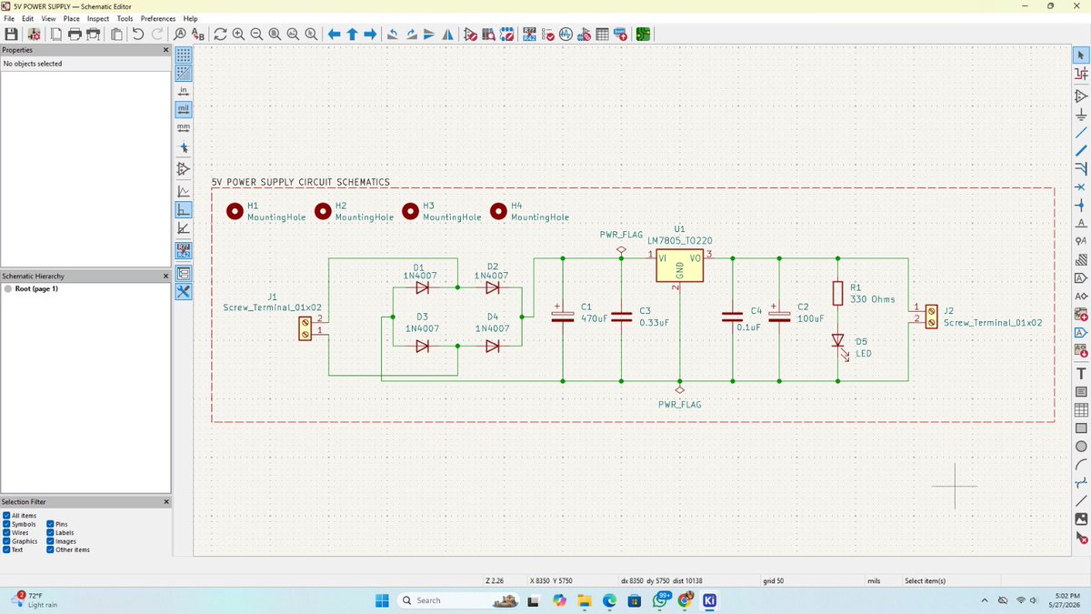 arktech_ng's tweet photo. Project Completed ✅⚡

Successfully designed and built a 5V Power Supply Circuit that converts 9V AC input into a stable 5V DC output using the LM7805 voltage regulator.

What started as a simple paper sketch is now a working hardware project — from circuit design to implementation. 🚀

More PCB and electronics projects coming soon.

#PCBDesign #Electronics #HardwareEngineering #EmbeddedSystems #LM7805 #PowerSupply