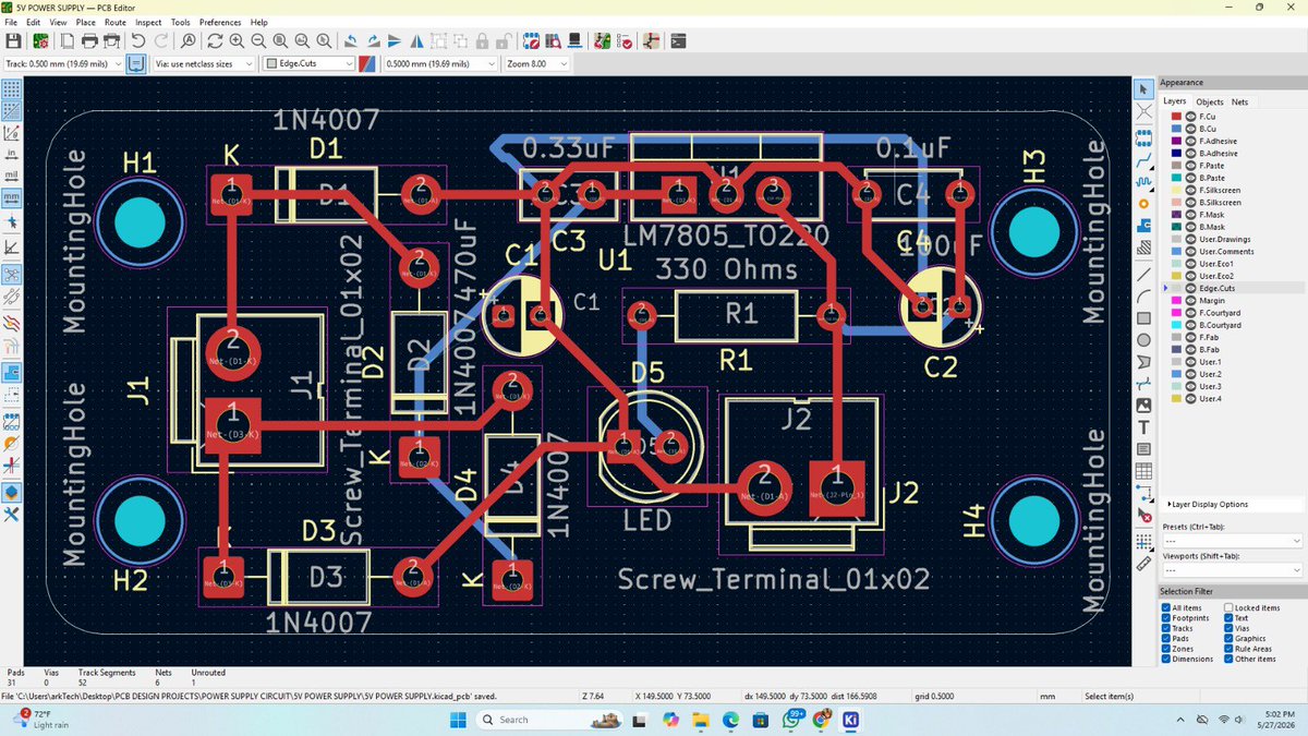 arktech_ng's tweet photo. Project Completed ✅⚡

Successfully designed and built a 5V Power Supply Circuit that converts 9V AC input into a stable 5V DC output using the LM7805 voltage regulator.

What started as a simple paper sketch is now a working hardware project — from circuit design to implementation. 🚀

More PCB and electronics projects coming soon.

#PCBDesign #Electronics #HardwareEngineering #EmbeddedSystems #LM7805 #PowerSupply