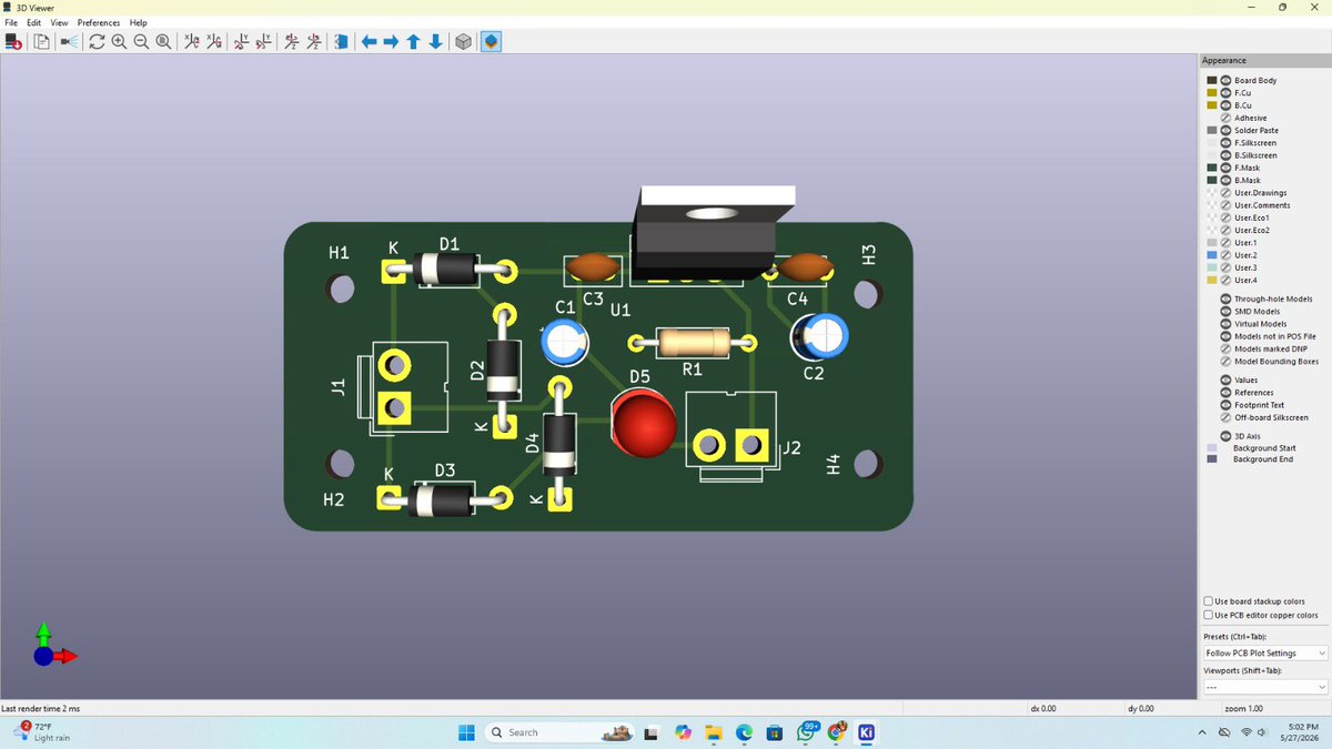 arktech_ng's tweet photo. Project Completed ✅⚡

Successfully designed and built a 5V Power Supply Circuit that converts 9V AC input into a stable 5V DC output using the LM7805 voltage regulator.

What started as a simple paper sketch is now a working hardware project — from circuit design to implementation. 🚀

More PCB and electronics projects coming soon.

#PCBDesign #Electronics #HardwareEngineering #EmbeddedSystems #LM7805 #PowerSupply