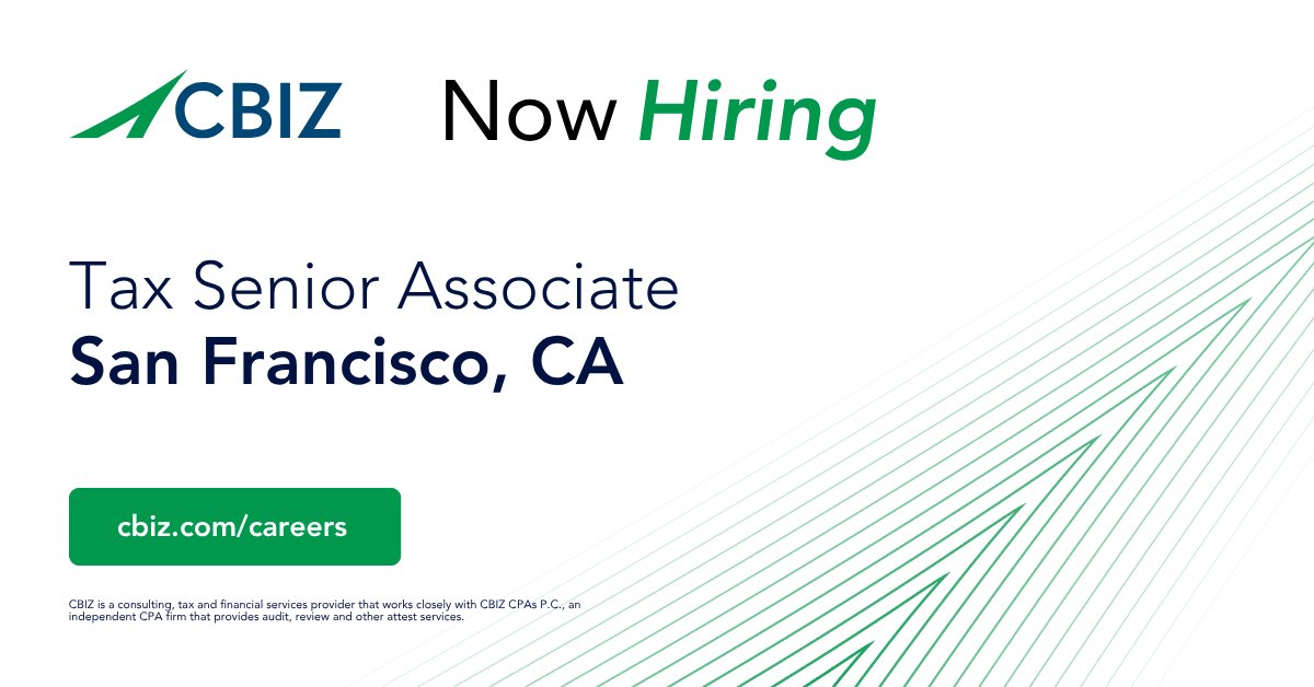 CBIZCareers's tweet photo. 📣 #NowHiring in San Francisco! Ready for your next career move? Join @CBZ and grow your tax career with a team that values expertise, collaboration, and impact.

👉 Explore the role and apply today.
https://t.co/eeo6rr3qKd

#AccountingJobs https://t.co/6lW9L05Eg1