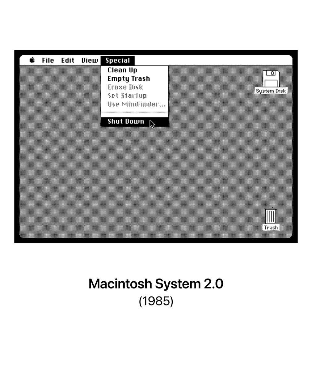 hellomacfolio's tweet photo. fun fact: the first version of macOS, System 1, didn't have a "Shut Down" button- this was only introduced with System 2.0 in 1985! https://t.co/wqbZJmAz3D