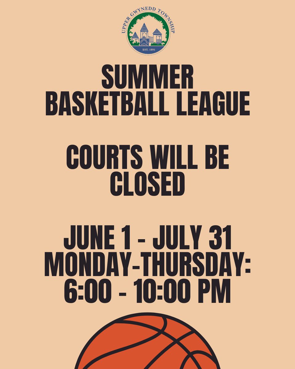UGTParksRec's tweet photo. Starting Monday, June 1, the UGT Summer Basketball League will begin!

League games will take place Monday through Thursday from 6:00 PM – 10:00 PM, and all three courts will be reserved for league play during those hours. https://t.co/YtTGhNimrv