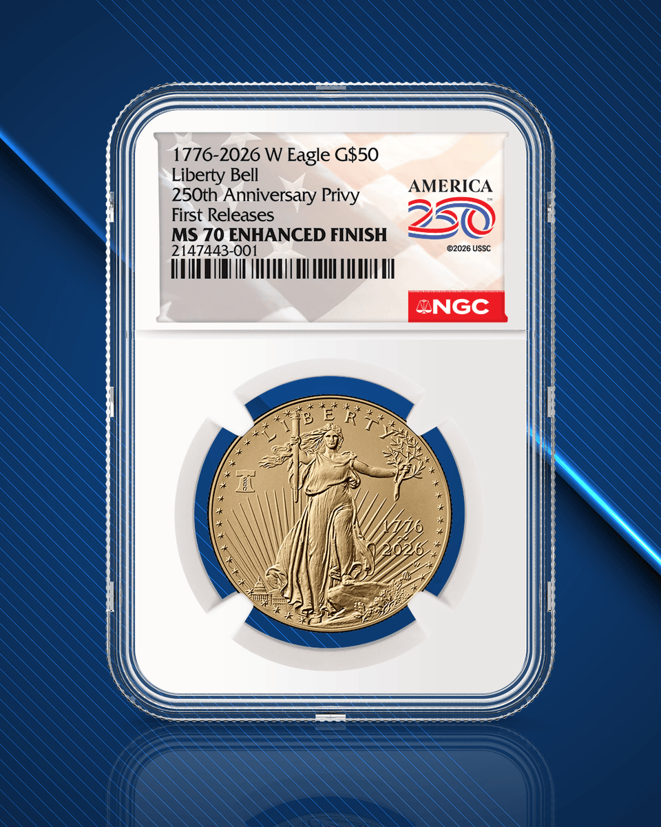 NGCcoin's tweet photo. The 1776-2026-W Enhanced Uncirculated Gold Eagle has been released by the US Mint, and NGC has special labels to complement it, including its America250™ US Flag Label. The logo is officially licensed from the U.S. Semiquincentennial Commission. Learn more: https://t.co/Ja6JgX4rQ5
