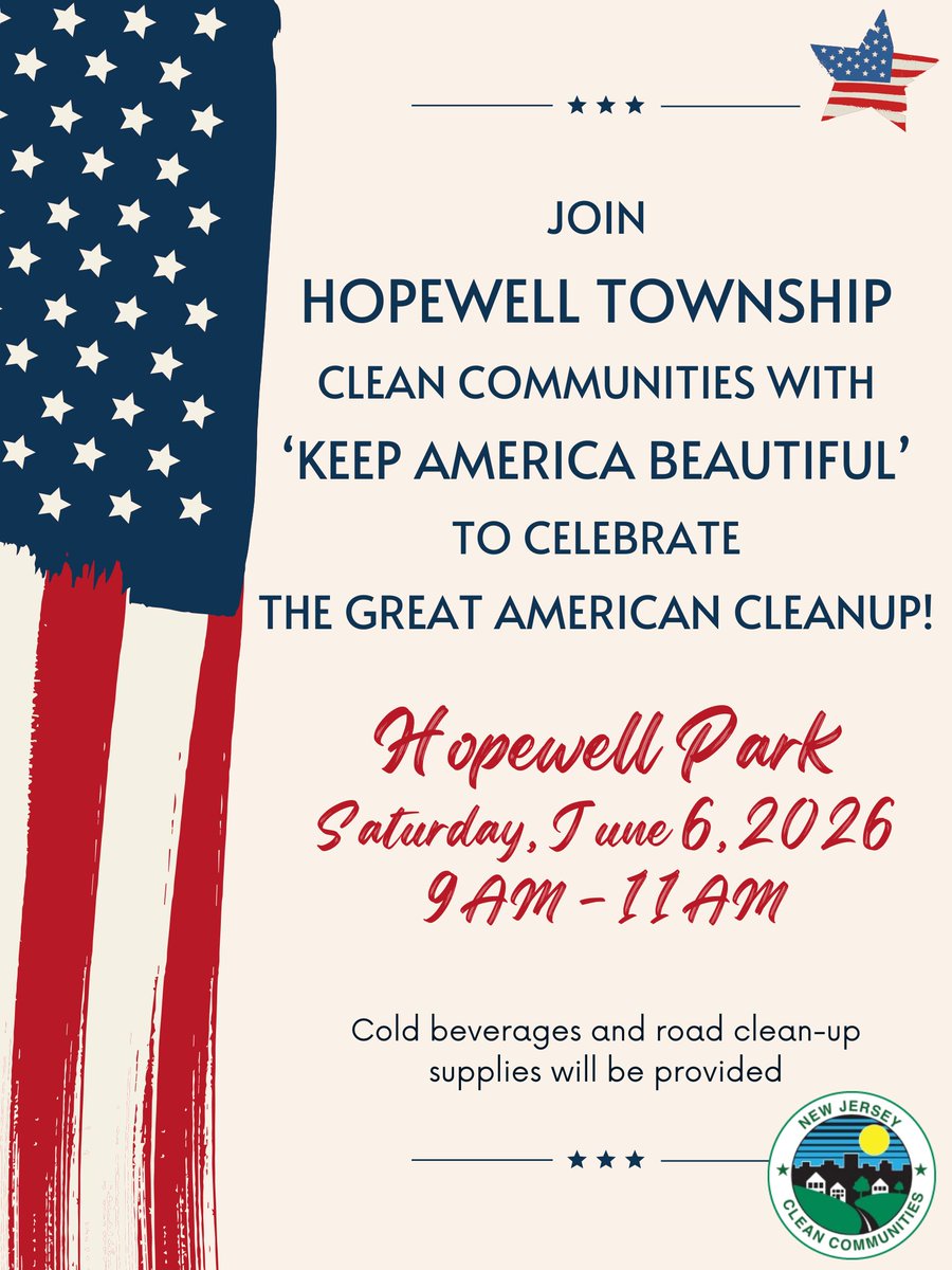 CCIANJ's tweet photo. Join Hopewell Township Clean Communities to celebrate the "Greatest American Cleanup." The cleanup will take place at Hopewell Park on Saturday, June 6 from 9:00am-11:00am. Please call (856)455-1230x118 with any questions. Thank you for keeping Cumberland County beautiful!☀️ https://t.co/UR5Qi0Q5DC