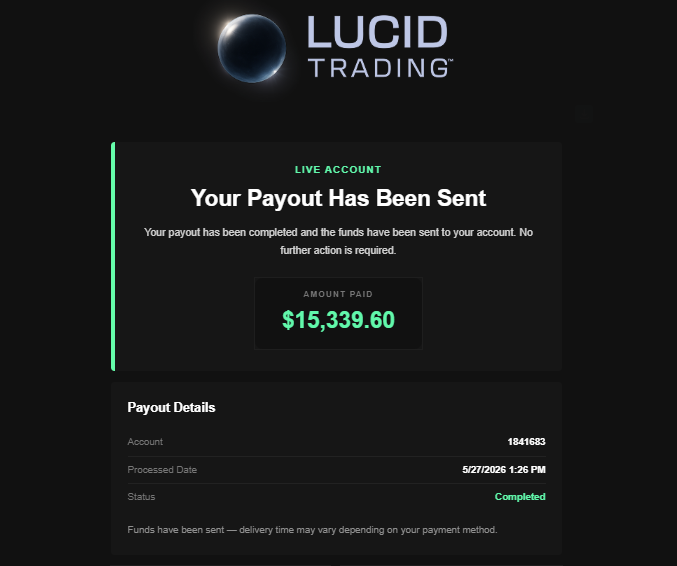 JDadastra's tweet photo. Trading live on screen is not just about winning trades and models. It's about teaching live capital management

15k Lucid live cash account payout after 10k of profits over the last 30 trading days. This live account has been traded live on screen every single stream

Low leverage, (micros), showing wins, losses, and break evens all on stream live as I talk through the market and price delivery

🎯Do what you have to do, when you have to do it, regardless if you feel like it or not. Rule to live by in life and trading - but especially trading.

To accompany this post I'm giving away:

- 150k Lucid Flex
- 50k Lucid Flex
- 50k Lucid Pro

Just like or repost this post and comment your top risk management rule. I'll choose three random winners tomorrow and tag them in the comments

If you want to trade live with me and the rest of the Victory Unit crew, find us inside Victory Unit (free of course) - https://t.co/wyd3OgDkDm