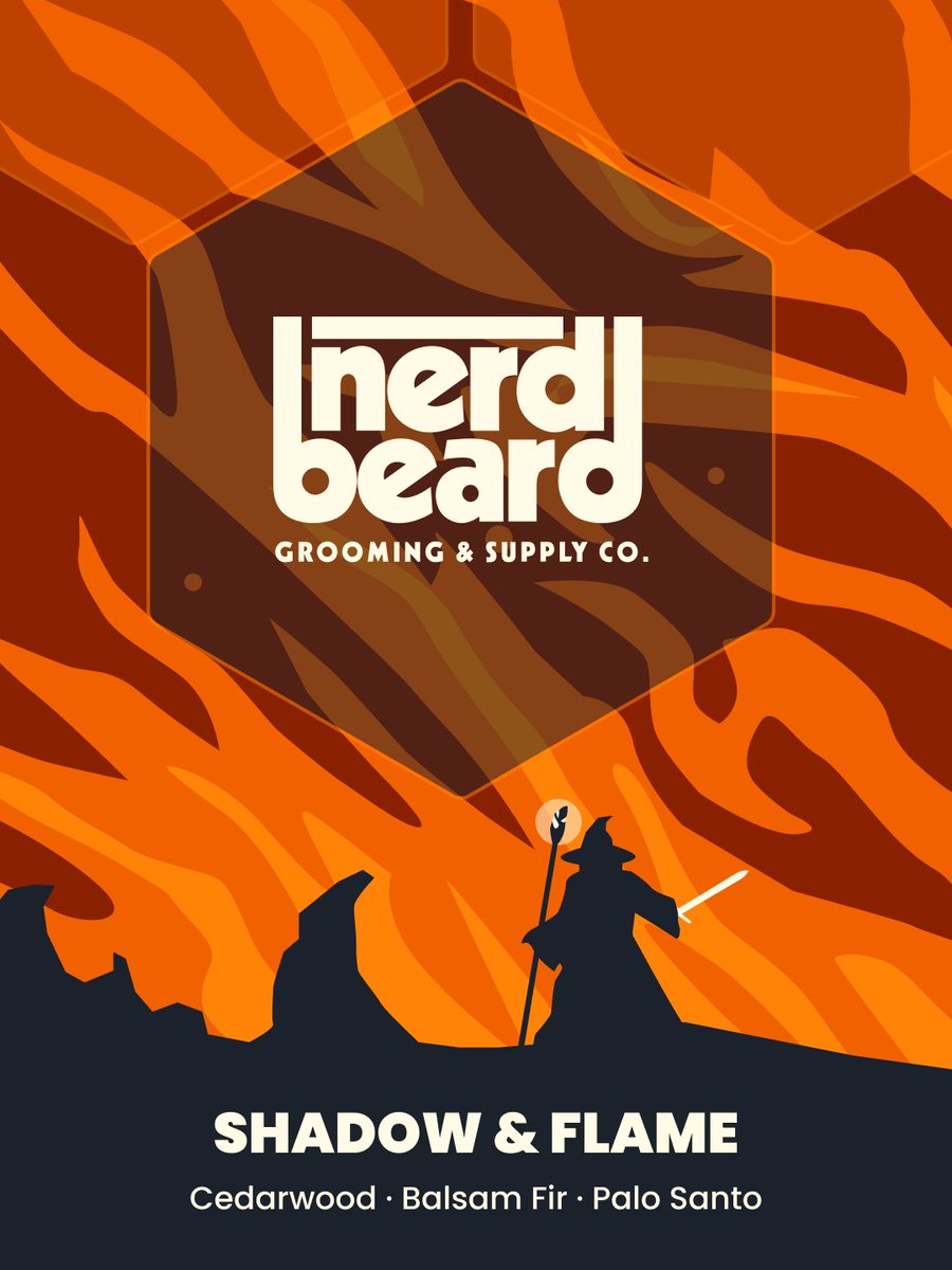 nerdbeardsupply's tweet photo. We're on day 2 of our "meet the scents" parade. Today we're focusing on Shadow &amp; Flame.

Cedarwood, Balsam Fir, Palo Santo. Like a fire in the deep.

@DavinGerber absolutely smoked this illustration. The wizard in the flames? Come on, man.

Only four days until we're live! https://t.co/iHV4uC5Laz