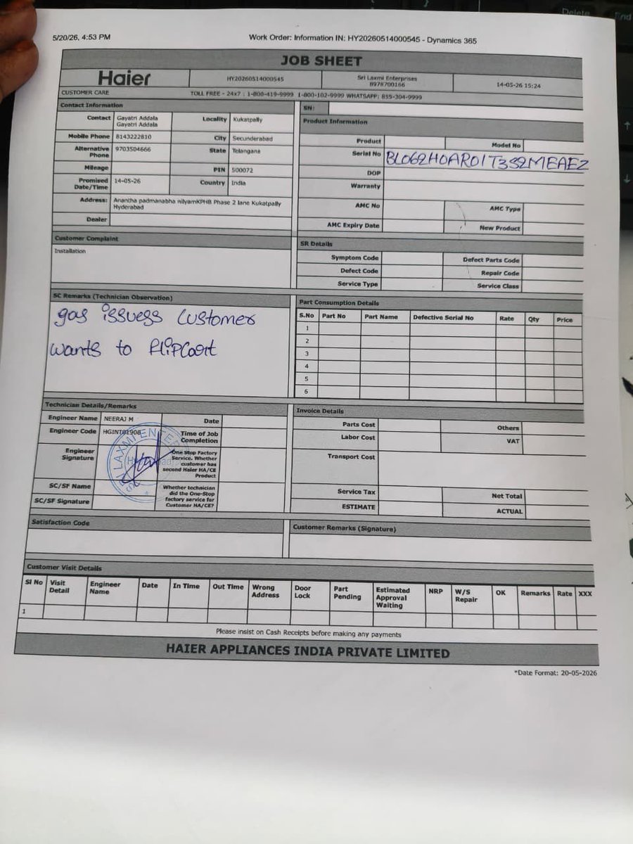 saikumpatla_7's tweet photo. @IndiaHaier Dear Sir,
Please find the attached job sheet for your reference. Kindly check and proceed further. https://t.co/e3b6KXRl7V