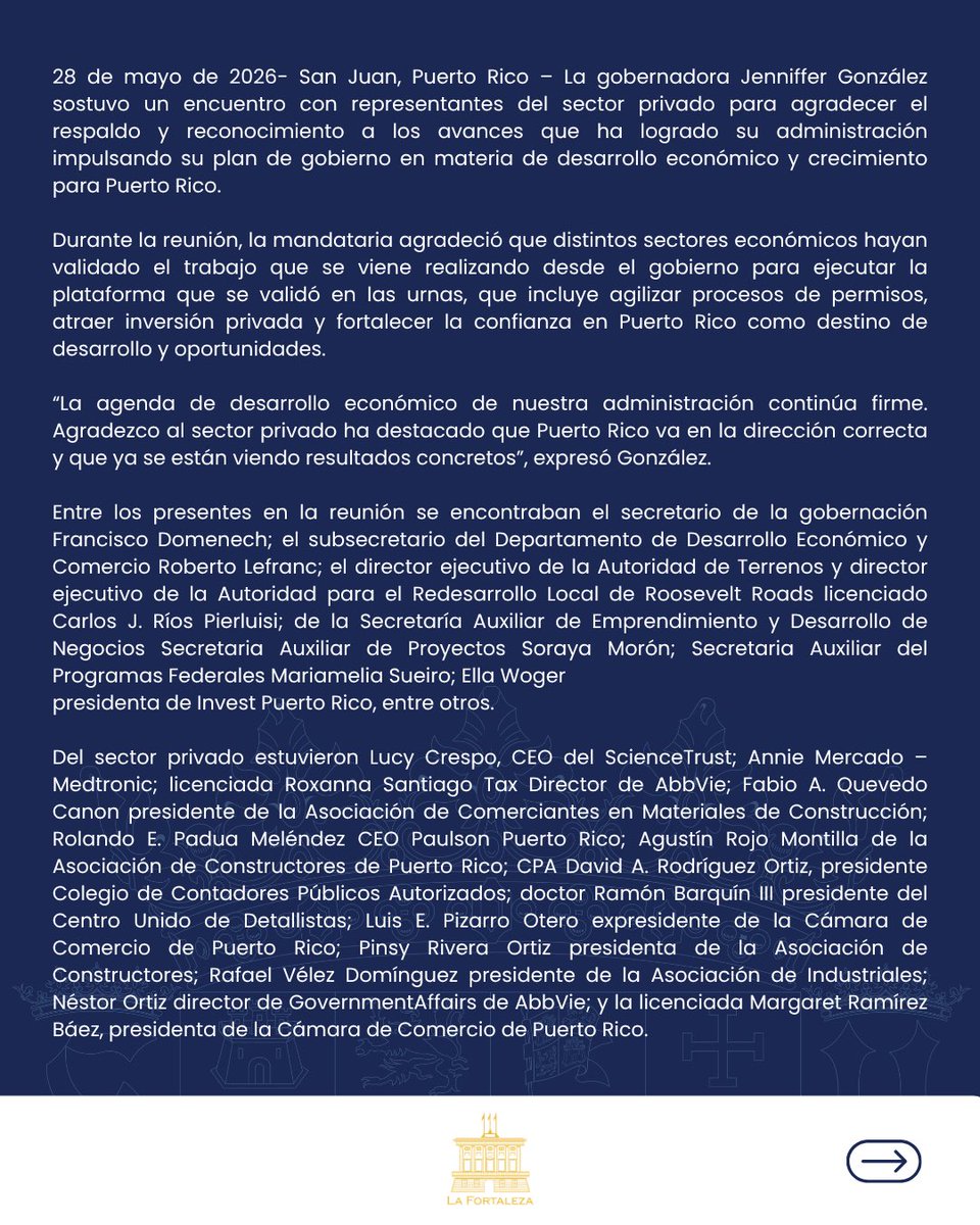 Jenniffer's tweet photo. Comunicado de Prensa | Jenniffer González: “Agradezco que todos los sectores reconozcan que vamos bien en el área de Desarrollo Económico”
 
La Gobernadora se reunió con el sector económico y aseguró que su plan de gobierno se seguirá ejecutando con un nuevo secretario de Desarrollo Económico y que ya está evaluando varios candidatos.