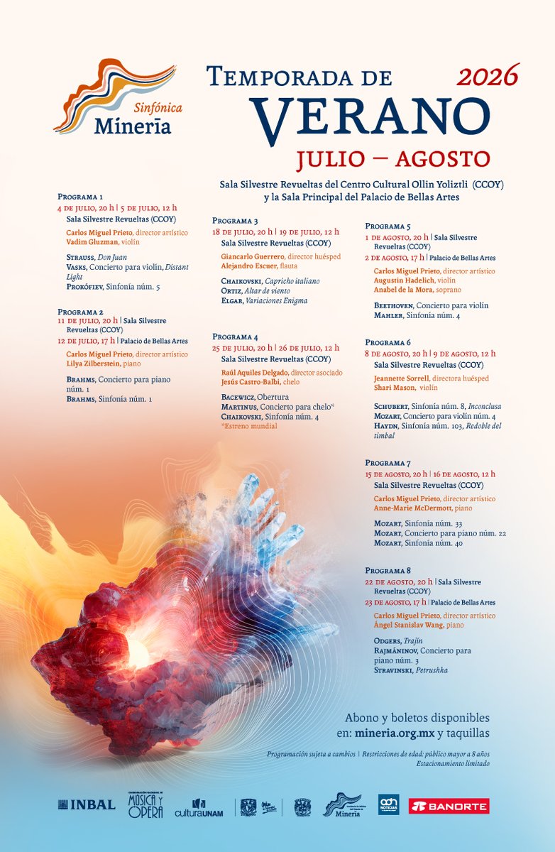 orquestamineria's tweet photo. ¡Conoce nuestra programación completa de la Temporada de verano! 

La música tiene el poder de inspirarnos, unirnos y transformar nuestra vida.
Del 4 de julio al 30 de agosto, vivirás un viaje emocional por tres siglos de música.

Impulso · Memoria · Asombro

📍 Sala Silvestre Revueltas, Centro Cultural Ollin Yoliztli
📍 Sala principal del Palacio de Bellas Artes (boletos próximamente)

Boletos disponibles: https://t.co/4L3IQXvXk7