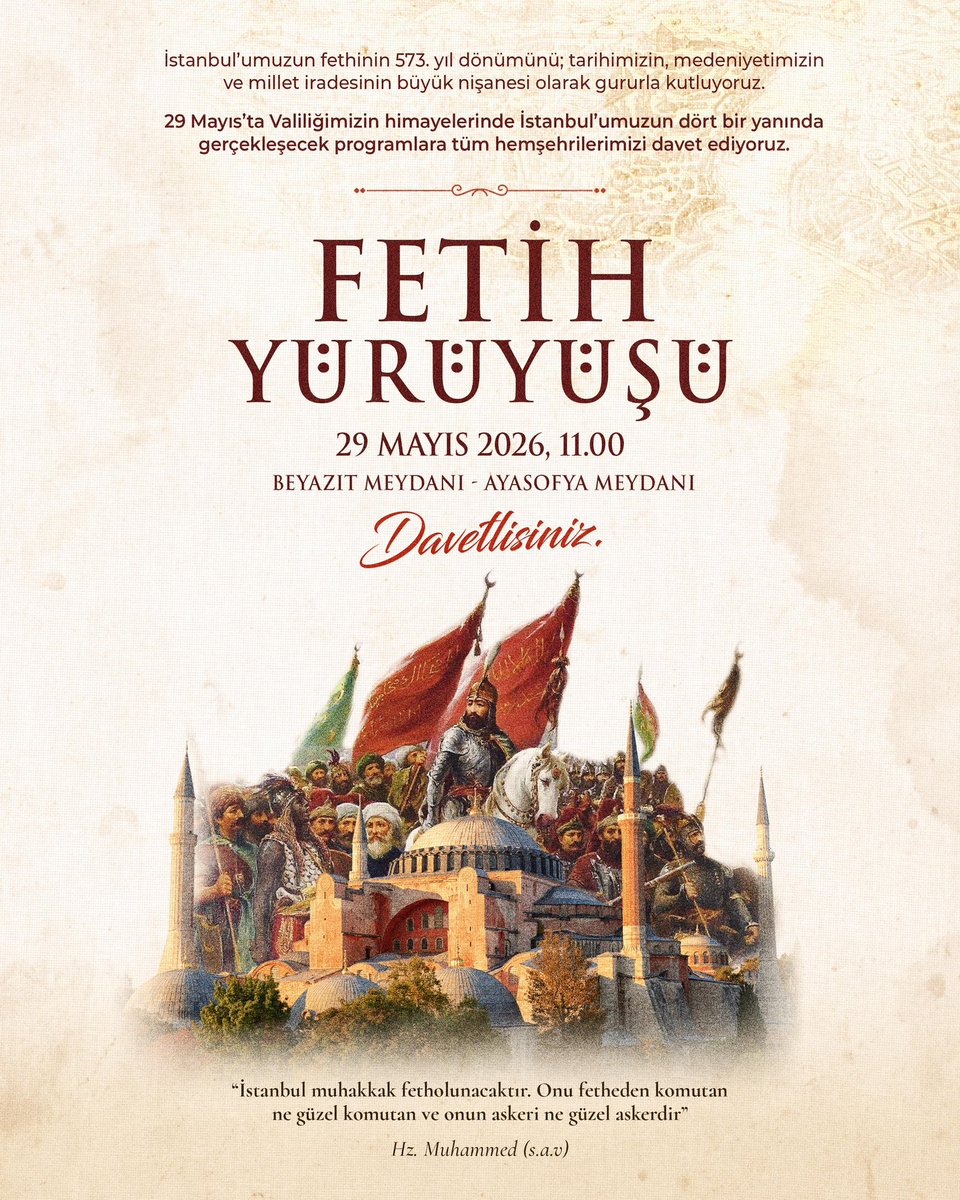 MucahitYentur's tweet photo. Aziz İstanbul’umuzun fethinin 573. yıl dönümünde;
29 Mayıs Cuma günü saat 11.00’de Beyazıt Meydanı’ndan başlayacak 
FETİH YÜRÜYÜŞÜ'ne 
tüm hemşehrilerimizi bekliyoruz.

 Bu kutlu şehrin ruhunu, coşkusunu ve medeniyet mirasını hep birlikte yaşamak dileğiyle…

Mehter Konseri
📍 Ayasofya  Meydanı 
⏰ 12:00

DAVETLİSİNİZ.