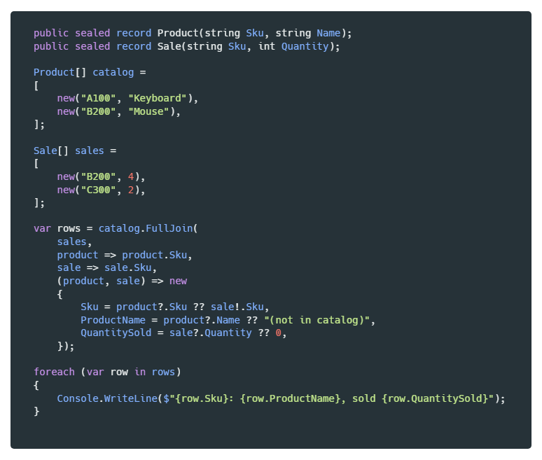 Dave_DotNet's tweet photo. LINQ Full Outer Join support coming in #dotnet 11 Preview 5 https://t.co/uOwWnRor2Z