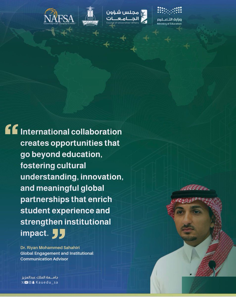 kauedu_sa's tweet photo. As part of King Abdulaziz University’s participation in NAFSA 2026, Dr. Riyan Sahahiri, Global Engagement and Institutional Communication Advisor, emphasized the importance of international collaboration in building meaningful global partnerships that foster innovation, cultural understanding, and academic excellence.

The University continues to strengthen its global presence through impactful academic and research collaborations that enrich student experience and advance institutional impact

#Council_of_University_Affairs
#Ministry_of_Education
#King_Abdulaziz_University
#NAFSA2026