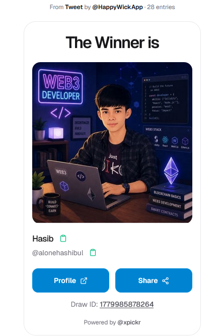 HappyWickApp's tweet photo. Congratulations to @alonehashibul
Your NFT will be sent to your address later today:
0xede6c186d12ddcc501c953fe1ae542452a8d727d

Huge thanks to everyone who participated! https://t.co/PPa4EBnat6