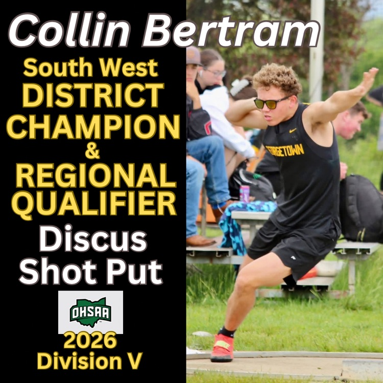Gtown_Athletics's tweet photo. Best of luck to Collin Bertram &amp; Jasper Brown who compete today in the Discus throwing event at the Division V Regional Track meet in Chillicothe at Southeastern High School! Field events are scheduled to begin at 4:30 PM. 
Let's GOOOO!💪🏻💪🏻💪🏻⚫️🟡 https://t.co/bqMfNyia8i