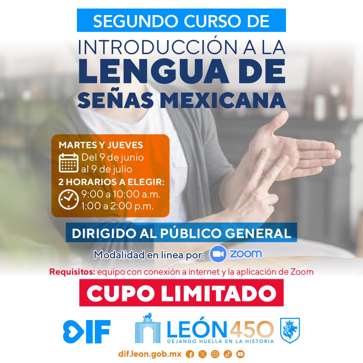 DIFLeon's tweet photo. Te invitamos a formar parte del segundo curso virtual “Introducción a la Lengua de Señas Mexicana”👩‍💻✨. 

📅 Martes y jueves | Del 9 de junio al 9 de julio
💻 Vía Zoom
🕘 9:00 a 10:00 a.m. o 1:00 a 2:00 p.m.
⚠️ Cupo limitado 
✅Sin costo https://t.co/KZ7bwqubeG