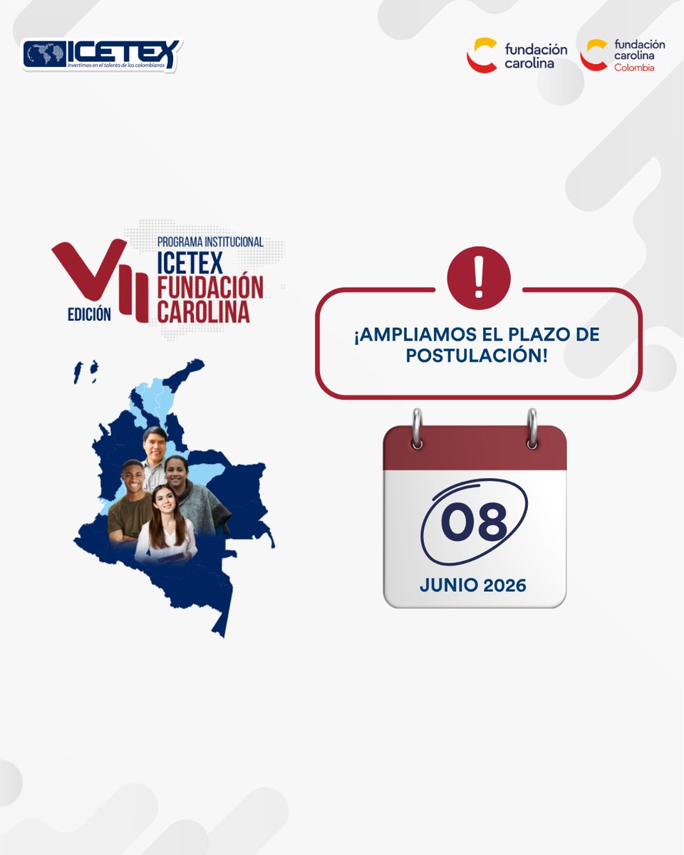 RedCarolinaCol's tweet photo. 🚨 ¡ATENCIÓN! Ampliamos el plazo de postulación 

Si no alcanzaste a registrarte, tienes más tiempo para que no te quedes por fuera de la VII Edición del Programa Institucional @ICETEX - @Red_Carolina.

🗓️ Nueva fecha límite: 08 de junio de 2026

¡El momento es ahora! 🚀 https://t.co/3E5hisbfz4