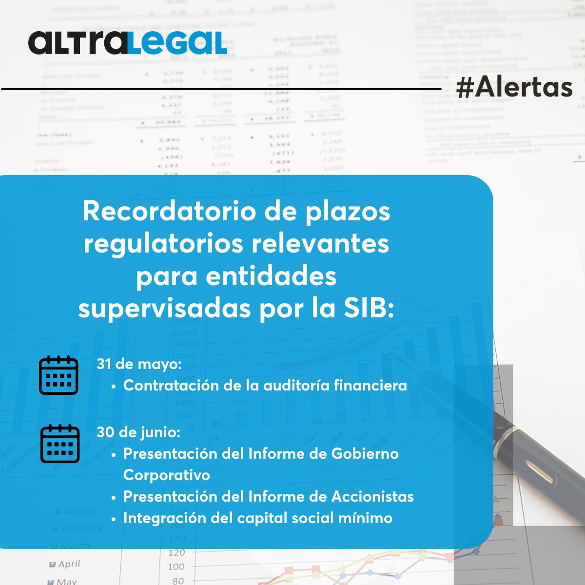 AltraLegal's tweet photo. 📅 Recordatorio para entidades financieras supervisadas por la SIB:

→ 31/5: contratación del Servicio de Auditoría Externa.
→ 30/6: presentación de los Informes de Gobierno Corporativo, Informe de Accionistas, e integración del capital social mínimo.

🔗https://t.co/lmJikl9E8P https://t.co/Fu62vcahYI