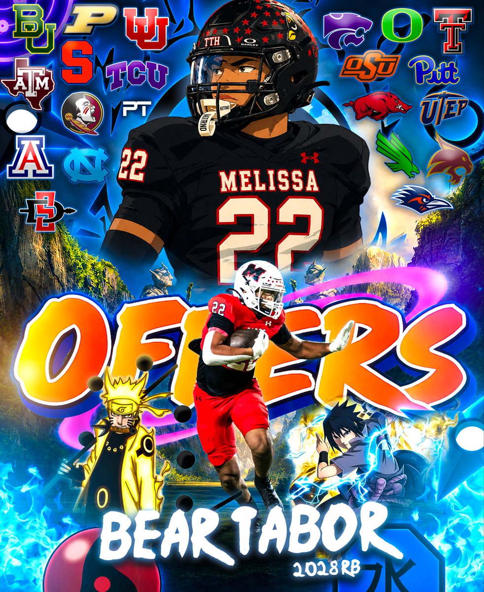 ptgraphics0's tweet photo. Offers on the table for ELITE 4⭐️ 2028 RB Bear Tabor (@beartabor22)!

The 6’2 225 RB out of Melissa, TX is stacking up the offers this offseason and proving himself as one of the best RBs in the country.

Where’s home? 🏠 https://t.co/g8q7KZZa7f