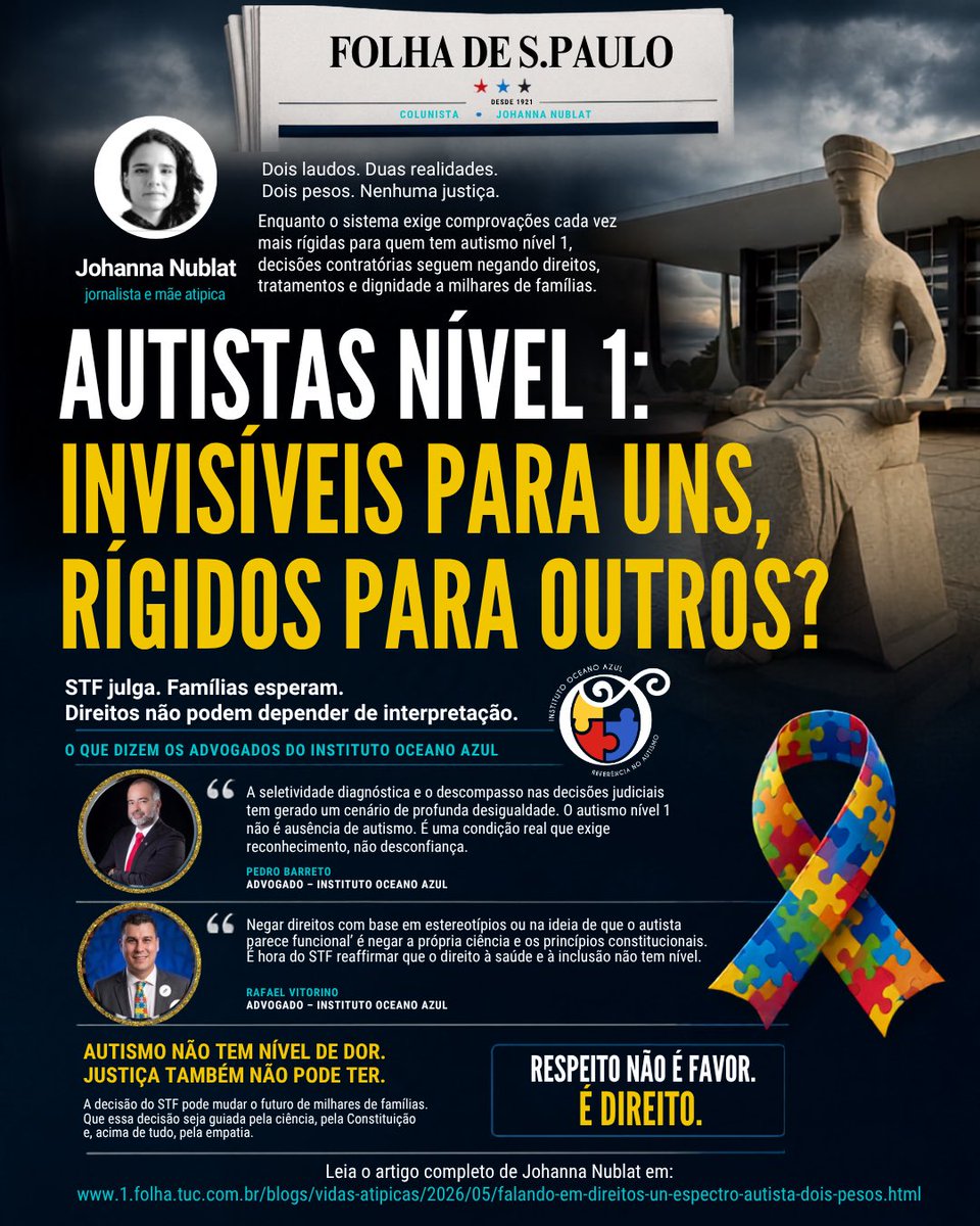 instituto_azul's tweet photo. Autismo não tem nível de dignidade. Direitos não podem ser seletivos.”
A coluna da jornalista e mãe atípica Johanna Nublat traz uma reflexão necessária sobre os impactos das decisões que tentam limitar direitos de pessoas autistas com base em “níveis de suporte”. https://t.co/ffEPEh5GhE