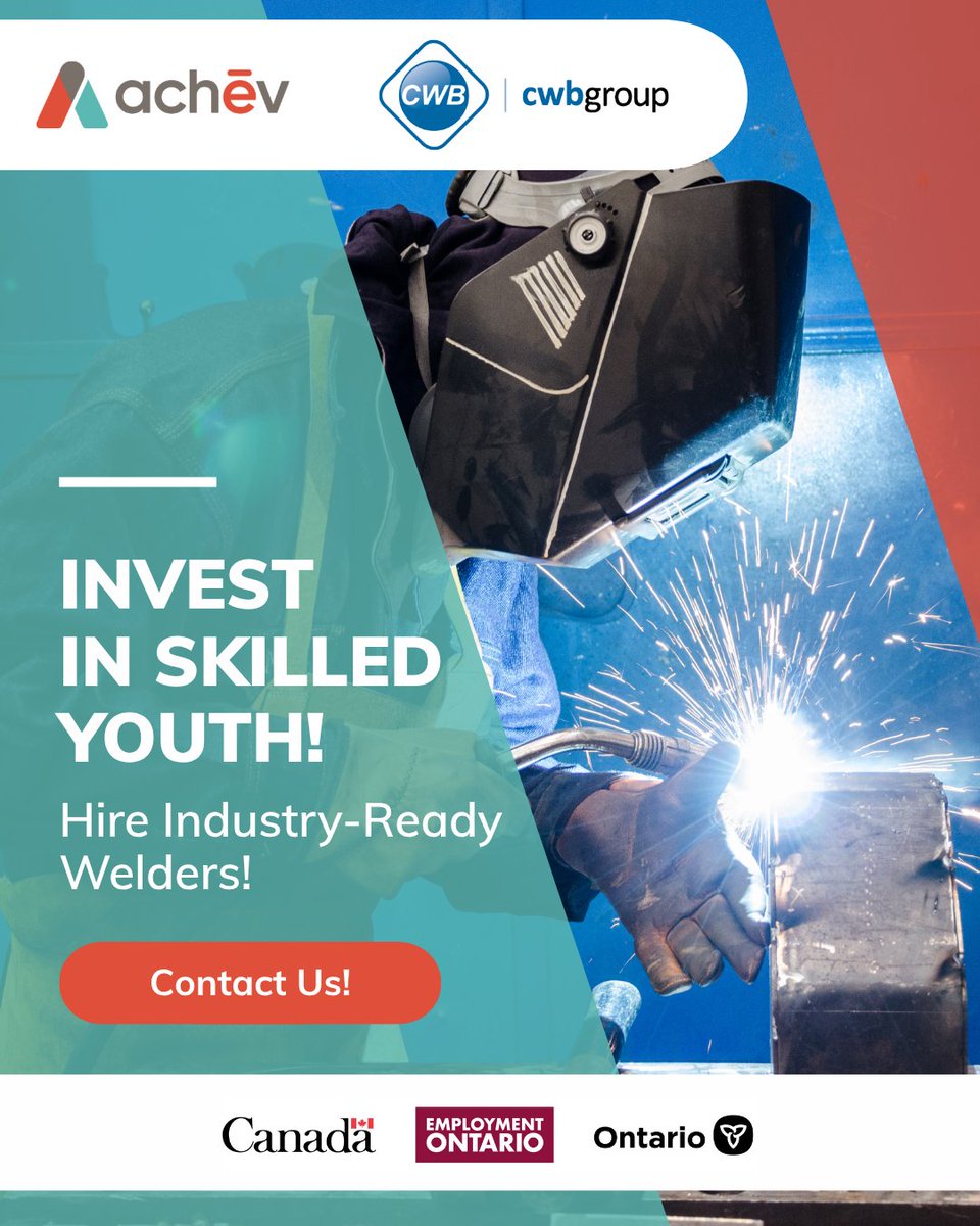 achev_ca's tweet photo. Strengthen your skilled trades workforce with our Building Strong Foundations – WELD Program graduates!

Trained as Welders, our program graduates are job-ready, having completed 8 weeks of hands-on welding training through the Canadian Welding Bureau (CWB) and employability training.

Contact us at wojo@achev.ca to explore hiring opportunities with our WELD program graduates.

This Employment Ontario program is funded in part by the Government of Canada and the Government of Ontario.