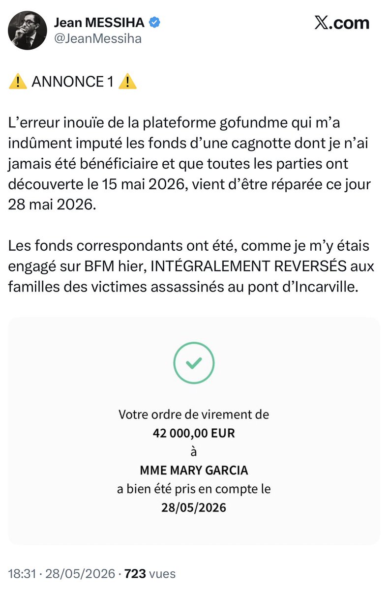 ImpactMediaFR's tweet photo. 🚨🇫🇷 ALERTE INFO !

JEAN MESSIHA VIENT DE REMBOURSER LES 42 000 € 😂

Après un scandale médiatique, une plainte et plusieurs contradictions sur les plateaux TV, le franco-égyptien vient de reverser intégralement la cagnotte qu’il avait créée pour les familles des victimes assassinées lors de l’évasion d’Incarville.