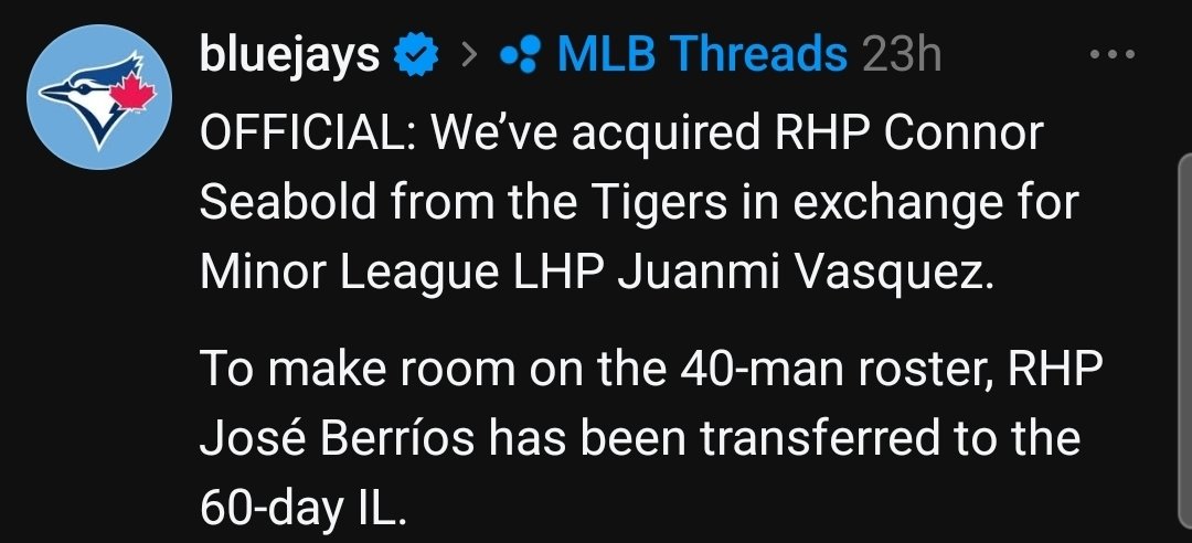 RyanZComedy's tweet photo. @JoshuaHowsam @Oakvillejaysfan Gotcha! I think my confusion was that they specifically announced they moved Berríos to the 60-day to make room on the 40-man for Seabold, but didn't use the same language about moving Kirk to the 60-day for Voth, so I mistakenly thought Voth was somehow already on the 40-man. https://t.co/SWbcYTIY1b