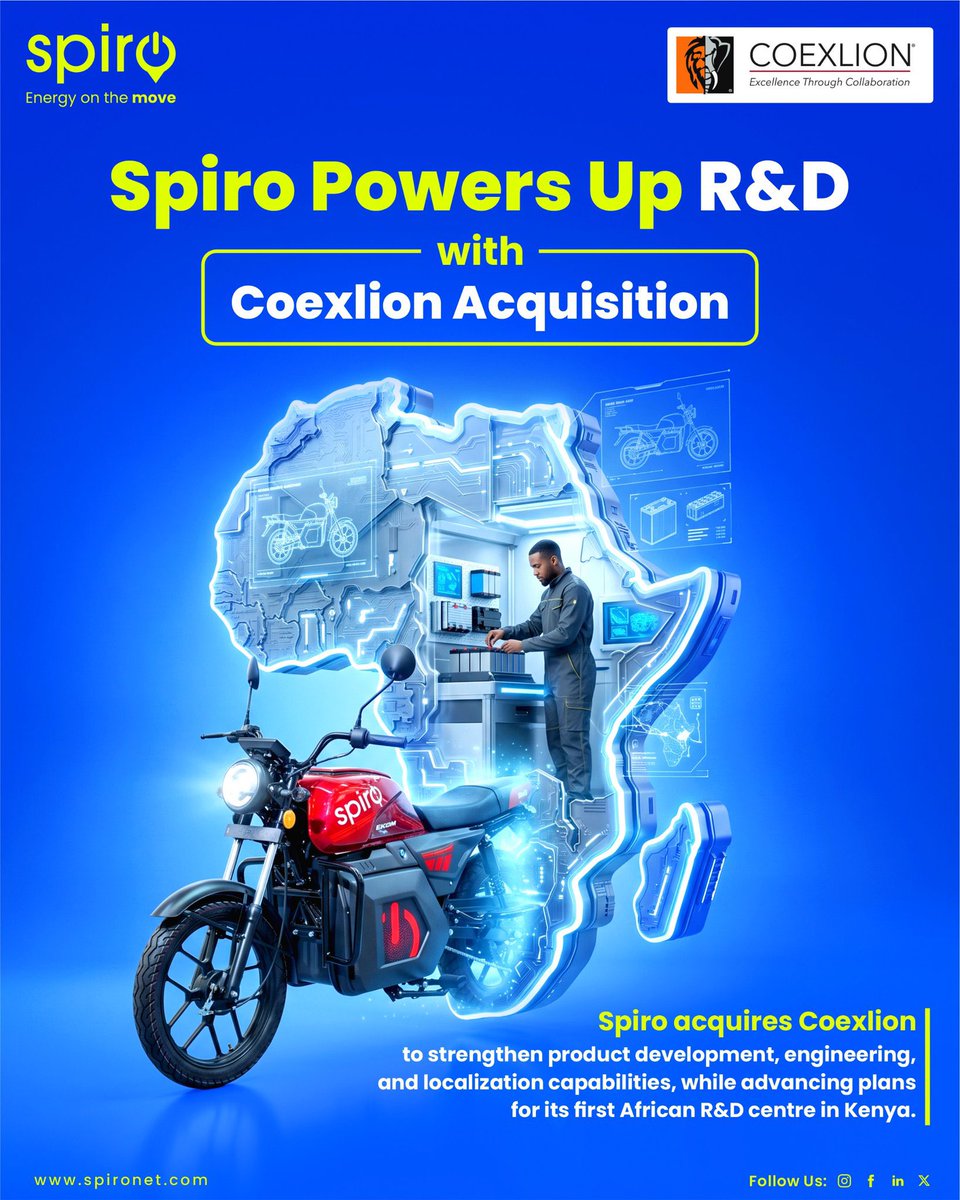 SpiroUganda's tweet photo. Spiro has acquired Coexlion and will soon launch its 1st African R&D center in Kenya.
This strategic move strengthens our product development & localization. Coexlion’s engineering depth will help us build affordable EVs adapted for African terrain.
#SpiroUganda #SpiroEVs https://t.co/R9SpFanbDI
