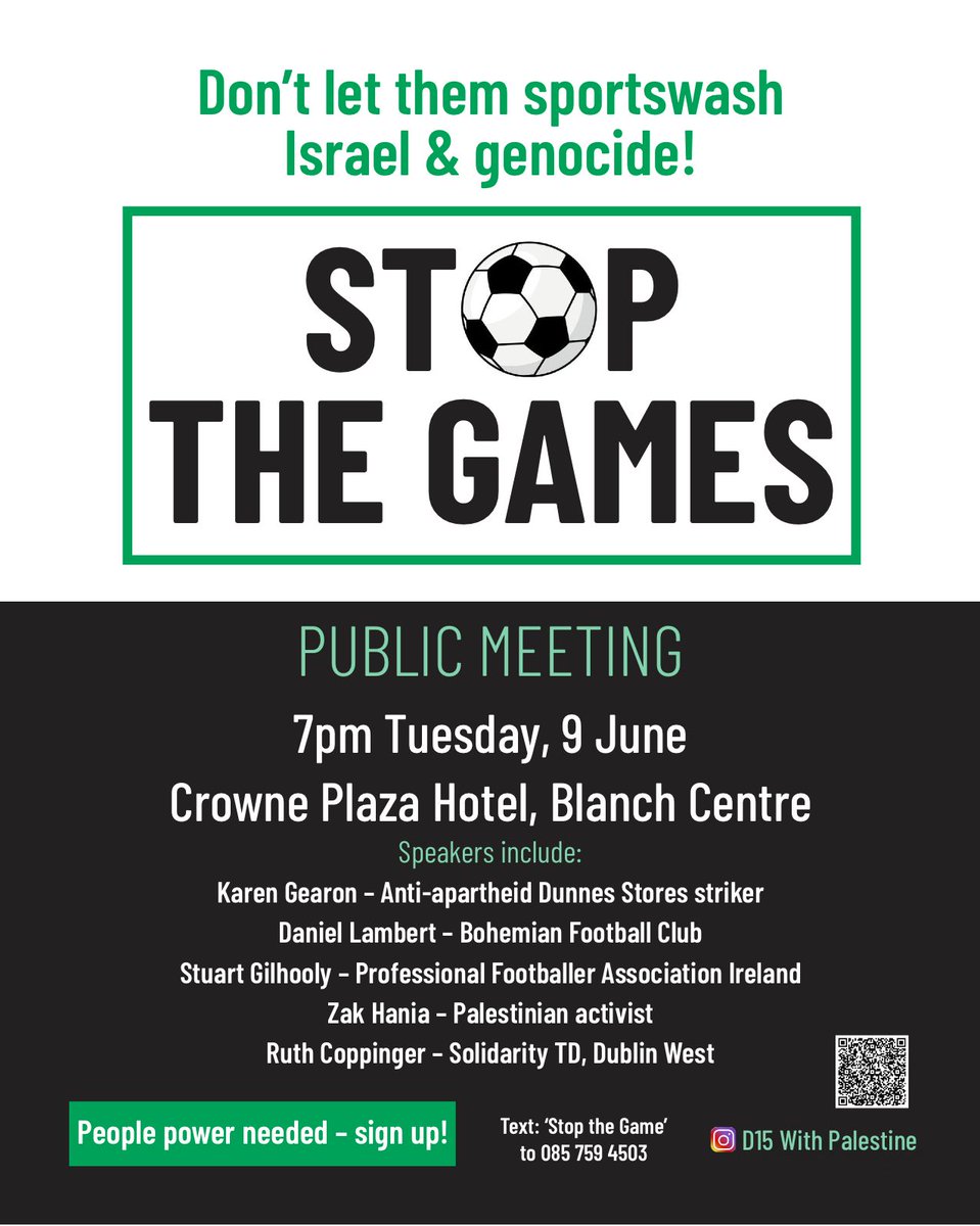 BurtchaellJohn's tweet photo. D15 with Palestine have organised this public meeting for the #StoptheGames campaign.
A great lineup of speakers including Daniel Lambert @dlLambo  (Bohemians), Stuart Gilhooley (PFAI solicitor), Karen Gearon (Dunnes striker) &amp; Zak Hania (leading Palestinian activist) https://t.co/uqkgZMNmGr