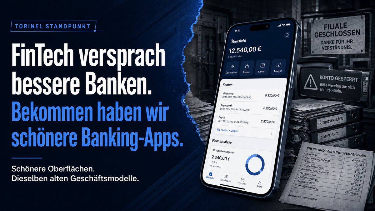 TorinelDE's tweet photo. FinTech versprach, Banken zu zerstören.

Am Ende bekamen wir dieselben Geschäftsmodelle mit besserem UI.

Kostenlos ist Akquise.
Cashback ist Verhaltensdesign.
Apps sind Vertriebskanäle.
Support ist der Preis, den man erst im Problemfall sieht.
https://t.co/eHTQtd20xa https://t.co/cUo7CJT5gt