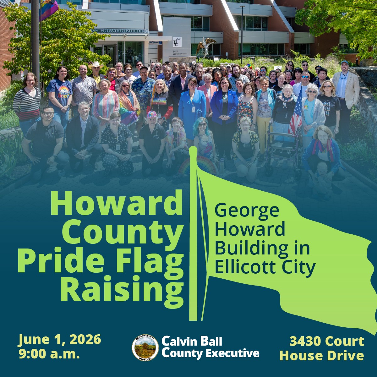 HoCoGov's tweet photo. All are invited to join @HoCoGovExec this Monday, June 1st at 9 am for #HoCoMD's 4th annual raising of the Pride flag at @HoCoGov's George Howard Building at 3430 Court House Drive in #EllicottCityMD, to mark the start of #PrideMonth. https://t.co/qoredtFjw8