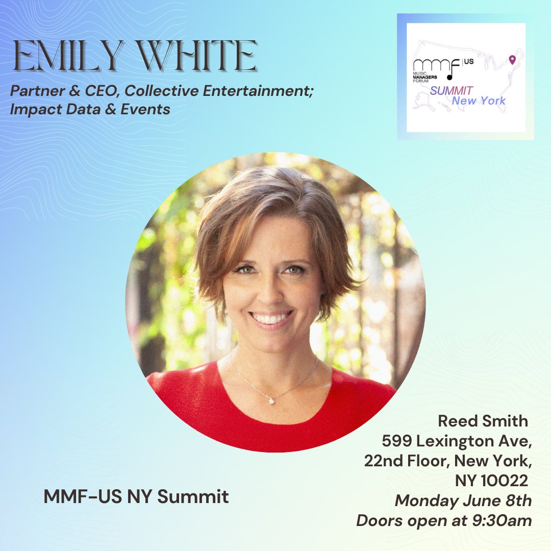 MMFUS's tweet photo. 🎤 Speaker Announcement! @emwizzle , Partner & CEO @CollectiveEnt_  & Impact Data And Events , joins the @MMFUS  New York Summit on June 8 at @reedsmithllp . A day of panels, presentations & networking for artist managers, self-managed artists & the #musicindustry. Learn, connect & grow.

RSVP: https://t.co/ODlKVyM7BI