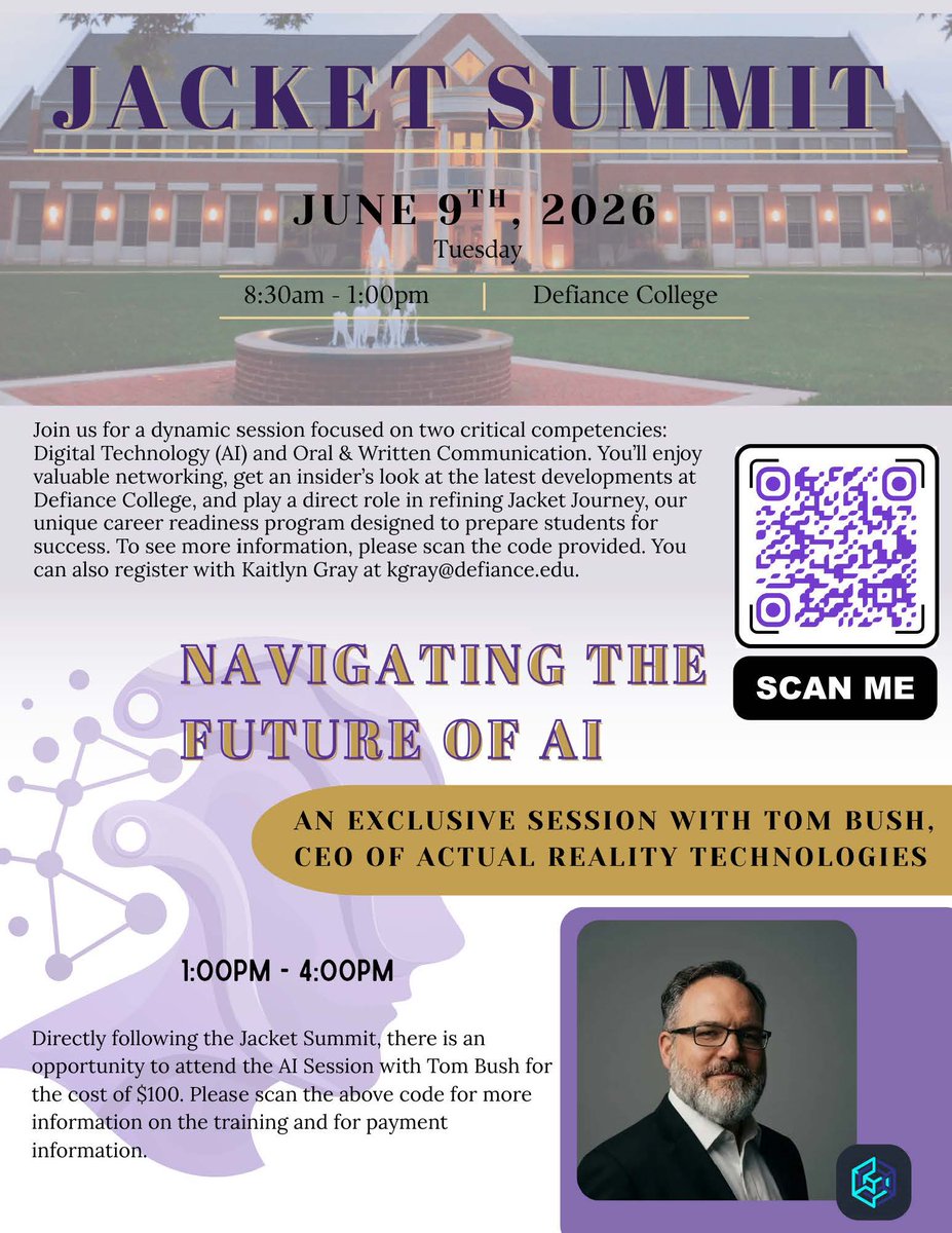 defiancecollege's tweet photo. Jacket Summit brings together community leaders to discuss the workforce skills graduates need most today: digital technology + communication skills. 🎓

Register: https://t.co/ZMaJiS62EW
Questions? Contact kgray@defiance.edu https://t.co/150wKwl1zj