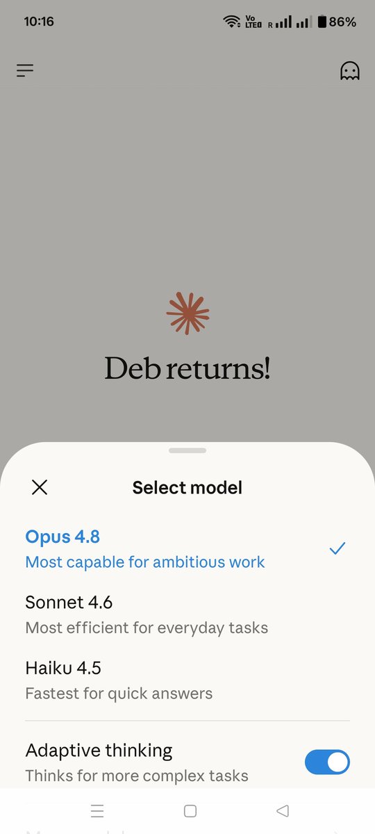 debgotwired's tweet photo. Is this a glitch or did @AnthropicAI drop Opus 4.8? https://t.co/bcWujKpXOY