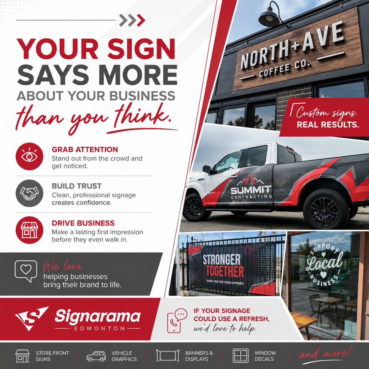 signaramaEDM's tweet photo. Your sign is working before you even open the door. π
Great signage builds trust, grabs attention, and helps your business stand out 24/7.
From storefront signs to vehicle graphics, we love bringing brands to life. π§
#CustomSigns #VehicleGraphics #ShopLocal #YEGBusiness https://t.co/M7Ztk1XGwK