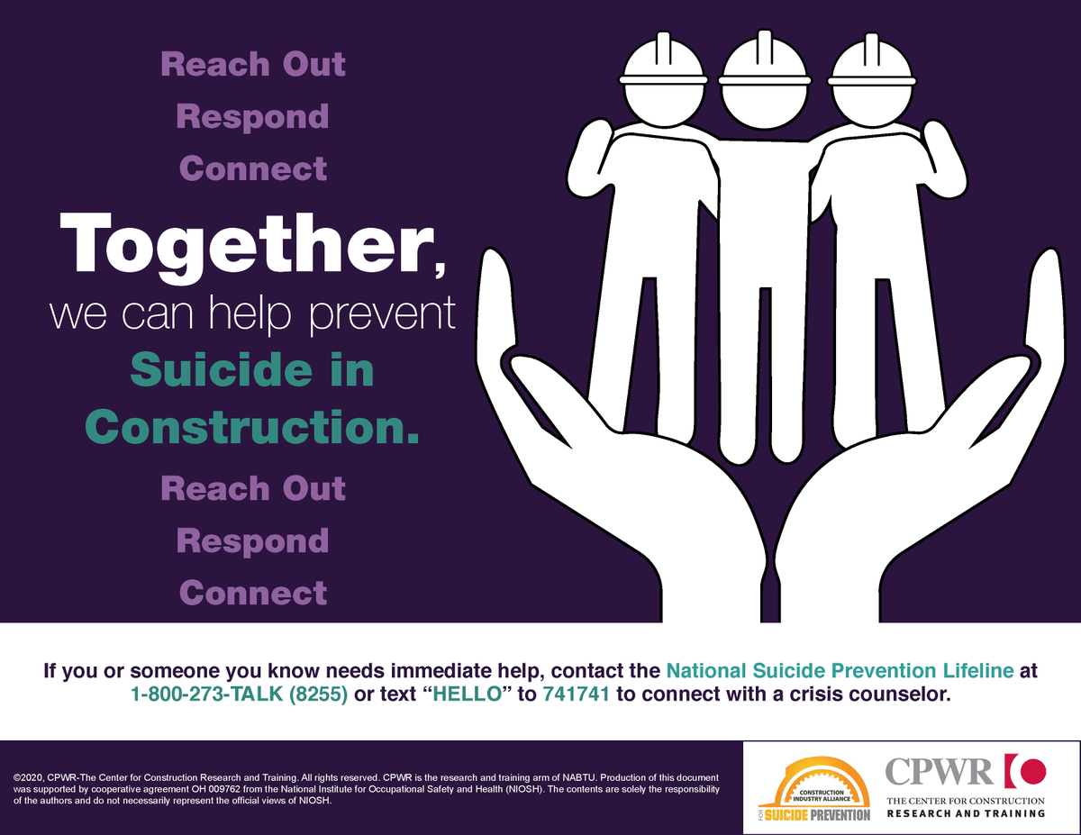 CPWR's tweet photo. If you or someone you know needs help, you are not alone. Contact the National Suicide Prevention Lifeline at either 988 or 1-800-273-TALK (8255) or text “HELLO” to 741741 to connect with a crisis counselor. More on resources here: https://t.co/TqPOX2SjSx https://t.co/1Hvl0oCeLa