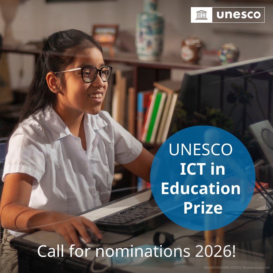 UNESCO's tweet photo. As AI transforms education, strengthening critical thinking, creativity and human agency has never been more important.

UNESCO’s 2026 #ICTPrize will recognise innovative initiatives using AI to support meaningful learning experiences.

📣 Apply before 29 May: https://t.co/2AirMgWtso