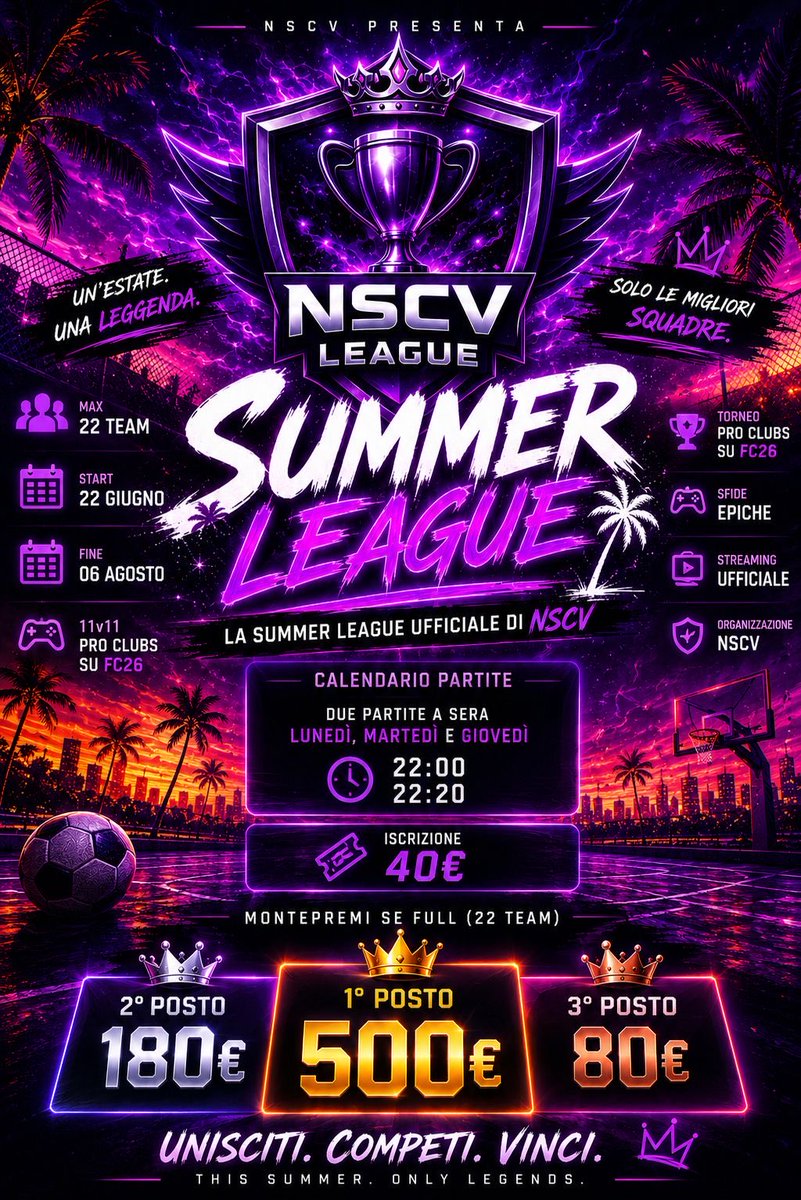 NSCVLeague's tweet photo. La NSCV Summer League sta arrivando.
Squadre, rivalità e serate di puro Pro Clubs su FC26. ⚡

📅 22/06 → 06/08
🎮 11vs11
💰 €760 di montepremi totale

Il resto guarda. I migliori giocano. 🏆

⏳ Iscrizioni aperte fino al 14 Giugno.

👉 Entra ora: https://t.co/613ynFIrwc https://t.co/VSRQcbCYFa