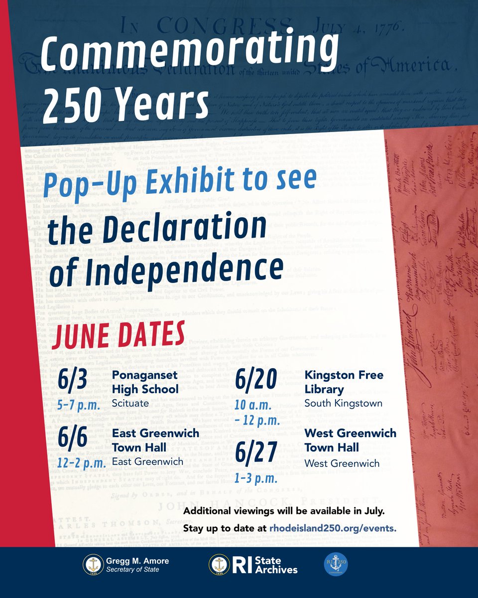 RISecState's tweet photo. The Declaration of Independence is touring Rhode Island. 250 years ago, the Declaration was read aloud and put on public display across the state. This is your chance to see the document up close in your community! https://t.co/S2VyVDwD9p