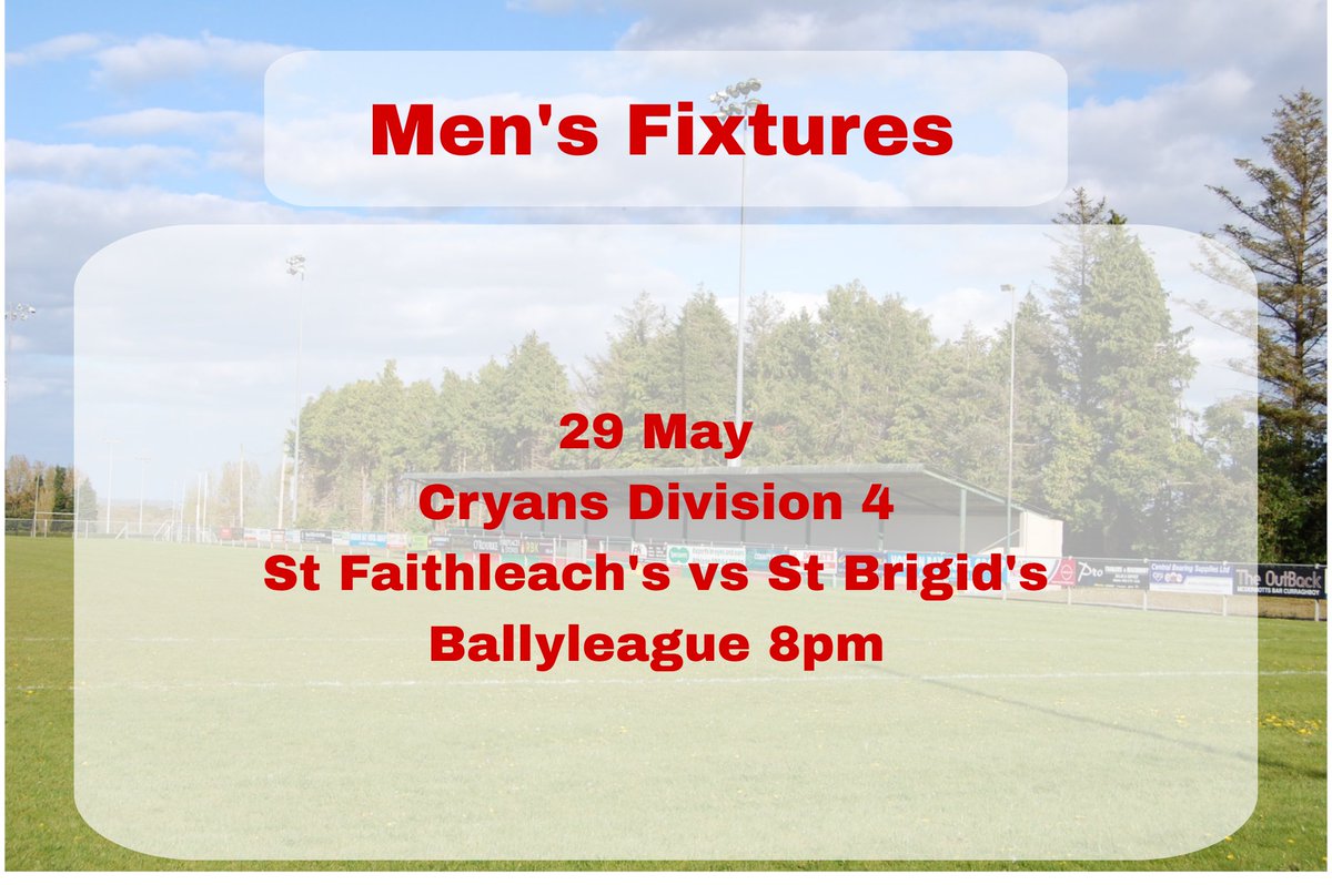 StBrigidsRos's tweet photo. Junior Men's Fixture 29 May 2026
Get all the latest news on the St Brigids GAA Roscommon app https://t.co/5teBWsxdbZ https://t.co/y0LtwI2BCM