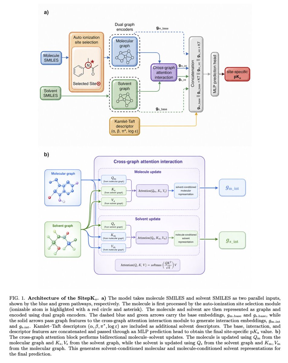 AganithaAI's tweet photo. Under the hood: 
• explicit ionisation-site identification 
• dual-graph cross-attention 
• solute–solvent interaction modelling 
• Kamlet–Taft solvent descriptors  

Together, these enable a unified multi-solvent prediction workflow.  

#AI #CompChem https://t.co/ChJalqGg3V
