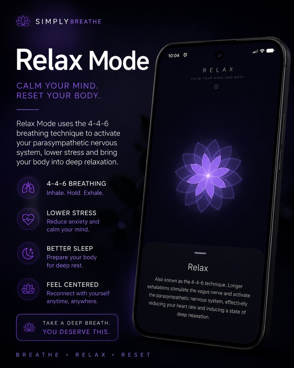 helloaurastark's tweet photo. calm is becoming a luxury.
so i decided to build it into an app.
“Relax” mode inside SimplyBreathe is designed to slow your breathing, quiet the noise, and help your mind feel safe again.
sometimes healing starts with something as simple as one deep breath ✨

#buildinpublic https://t.co/TgdVPXqbUh