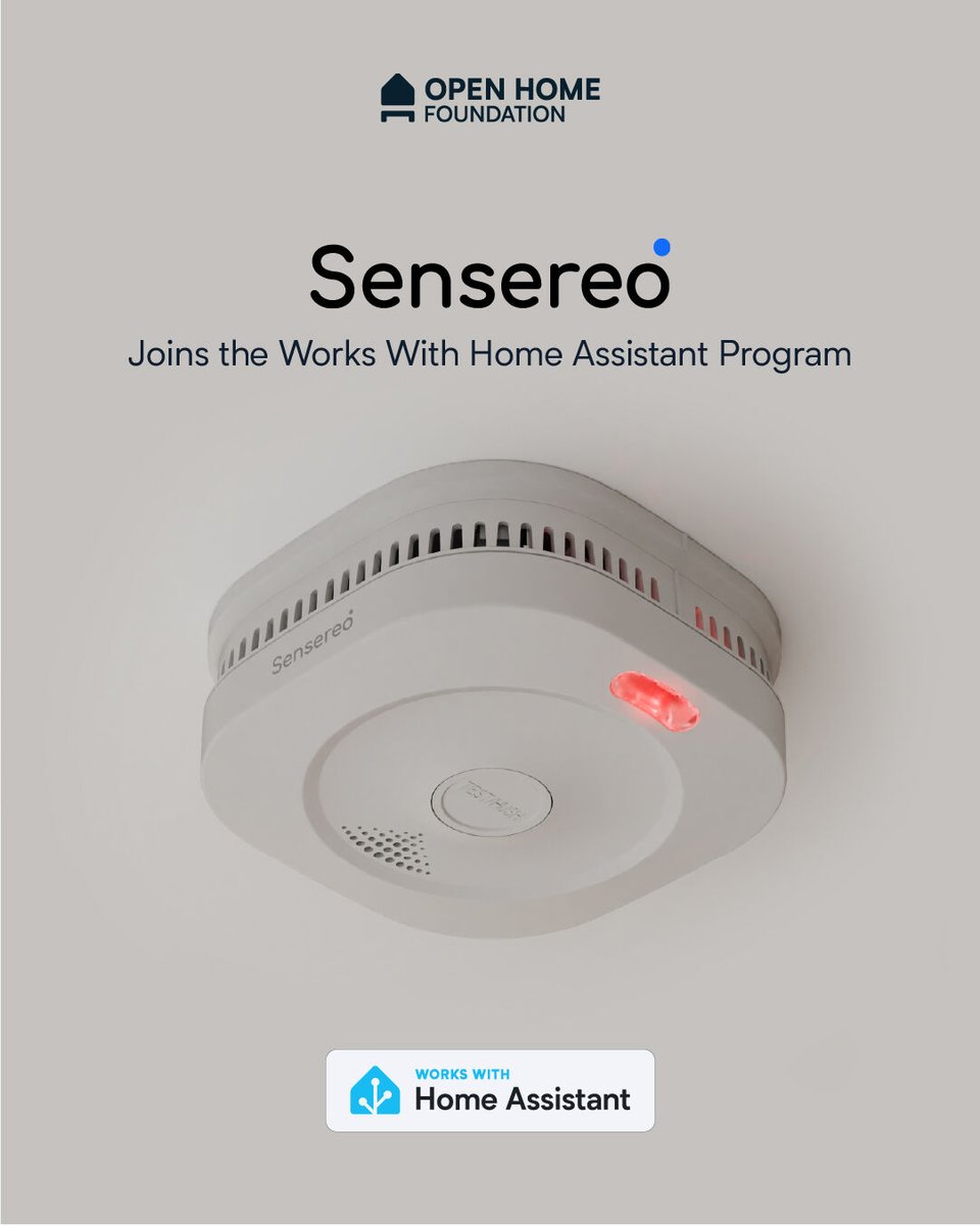 home_assistant's tweet photo. We’re sensing a change in the air as we welcome @Sensereo to the Works with Home Assistant program 🎉. 

Specialists in environmental sensing, Sensereo bring Matter smoke and CO alarms into the Home Assistant ecosystem – meaning more ways to keep your home open, safe, and sound. https://t.co/lzIO3jgreQ