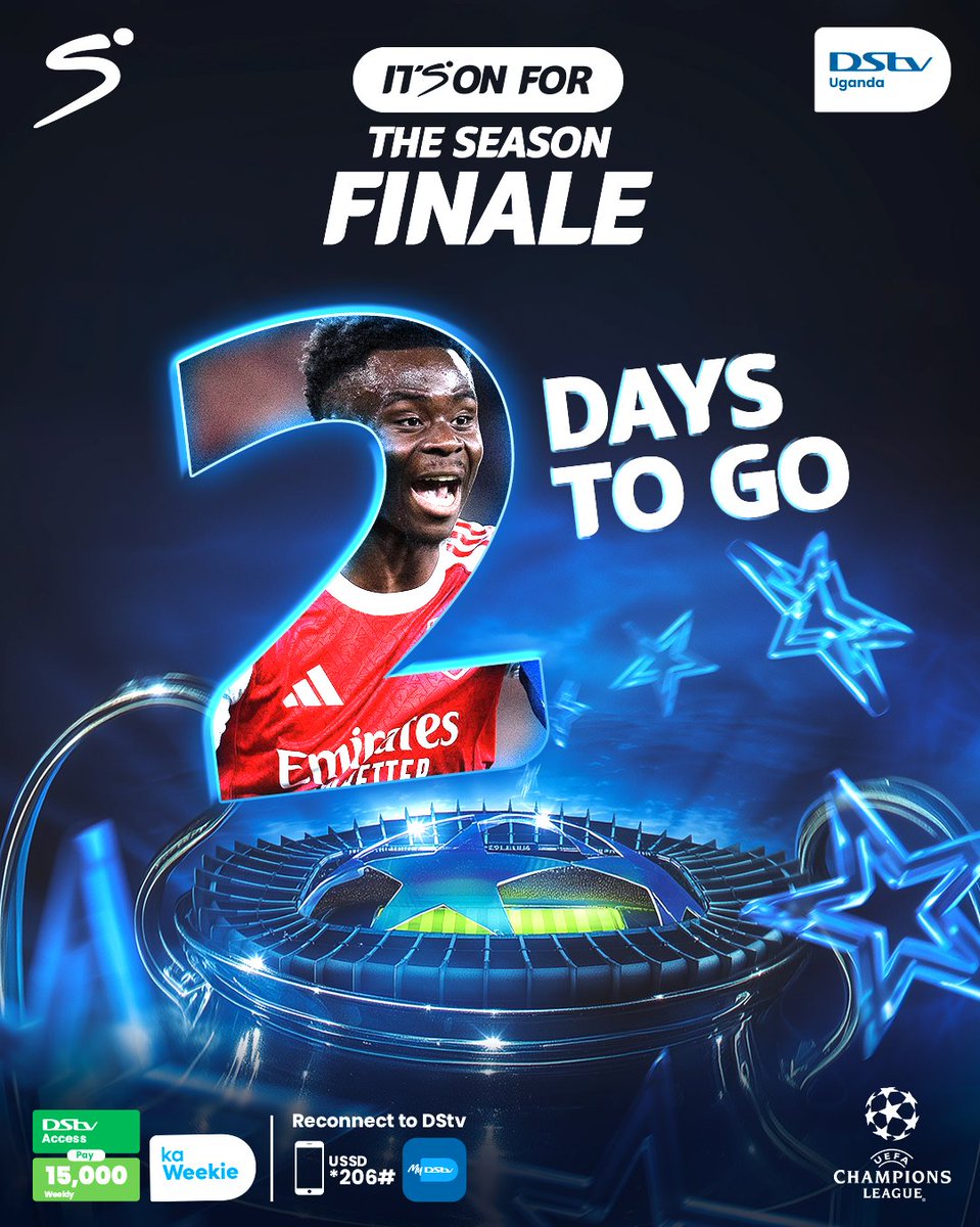 DStvUganda's tweet photo. 2 DAYS TO GO !!

One final. Millions of opinions. Zero room for mistakes.

Catch the UCL final LIVE on DStv from UGX 15K with #KaWeekie. Dial *206# or reconnect via the MyDStv App.

#SeasonEwoome #UCL https://t.co/vGnsqK44q5