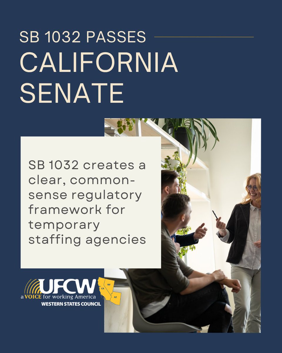 UFCWWSC8's tweet photo. SB 1032 has passed the CA State Senate! SB 1032 (Reyes) creates a clear, common-sense regulatory framework for temporary staffing agencies, similar to the one already in place for contractors and other high-risk industries. Read our full statement here: https://t.co/1lKxbJPRTP https://t.co/4Zf6tiNO33