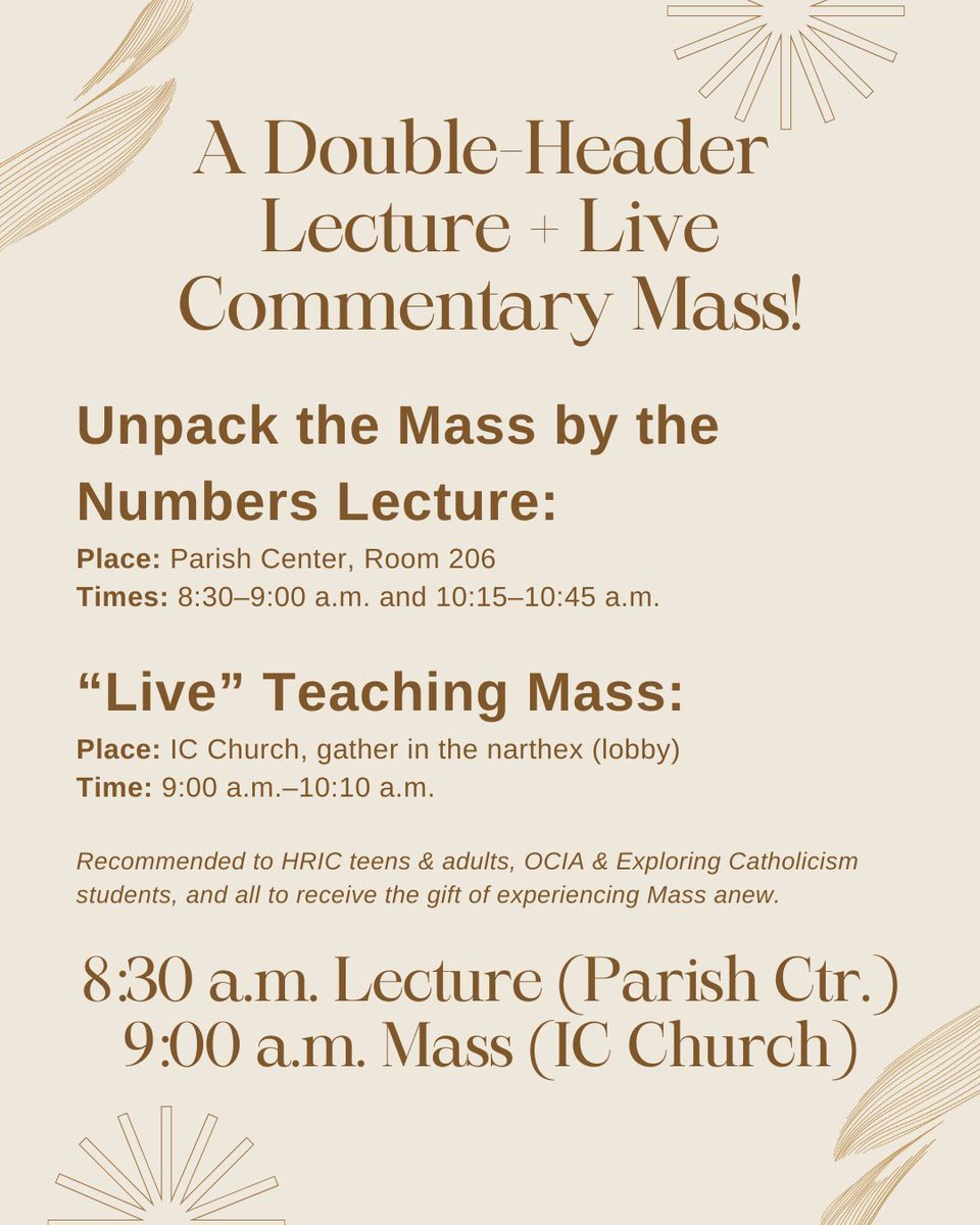 HRICCatholic's tweet photo. Join us Sunday for a teaching Mass
A Double-Header Lecture + Live Commentary Mass!
Unpack the Mass by the numbers lecture followed by a teaching Mass.
All are welcome. https://t.co/mxc1NZkTz8