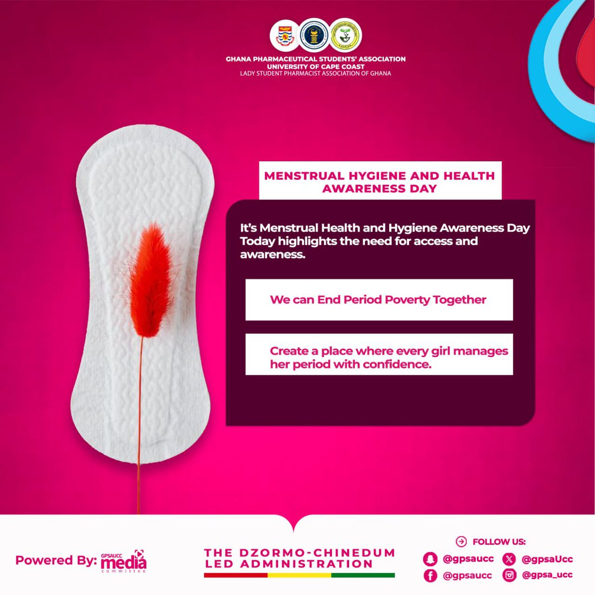 GpsaUcc's tweet photo. No girl should have to choose between her dignity and her education. π©Έ
Today is Menstrual Hygiene & Health Awareness Day and the conversation can't wait.
End period poverty. Every girl deserves to show up with confidence. πͺπΎ
#LASPAGUCC #MenstrualHygieneDay #EndPeriodPoverty https://t.co/pW0RFNFvFK